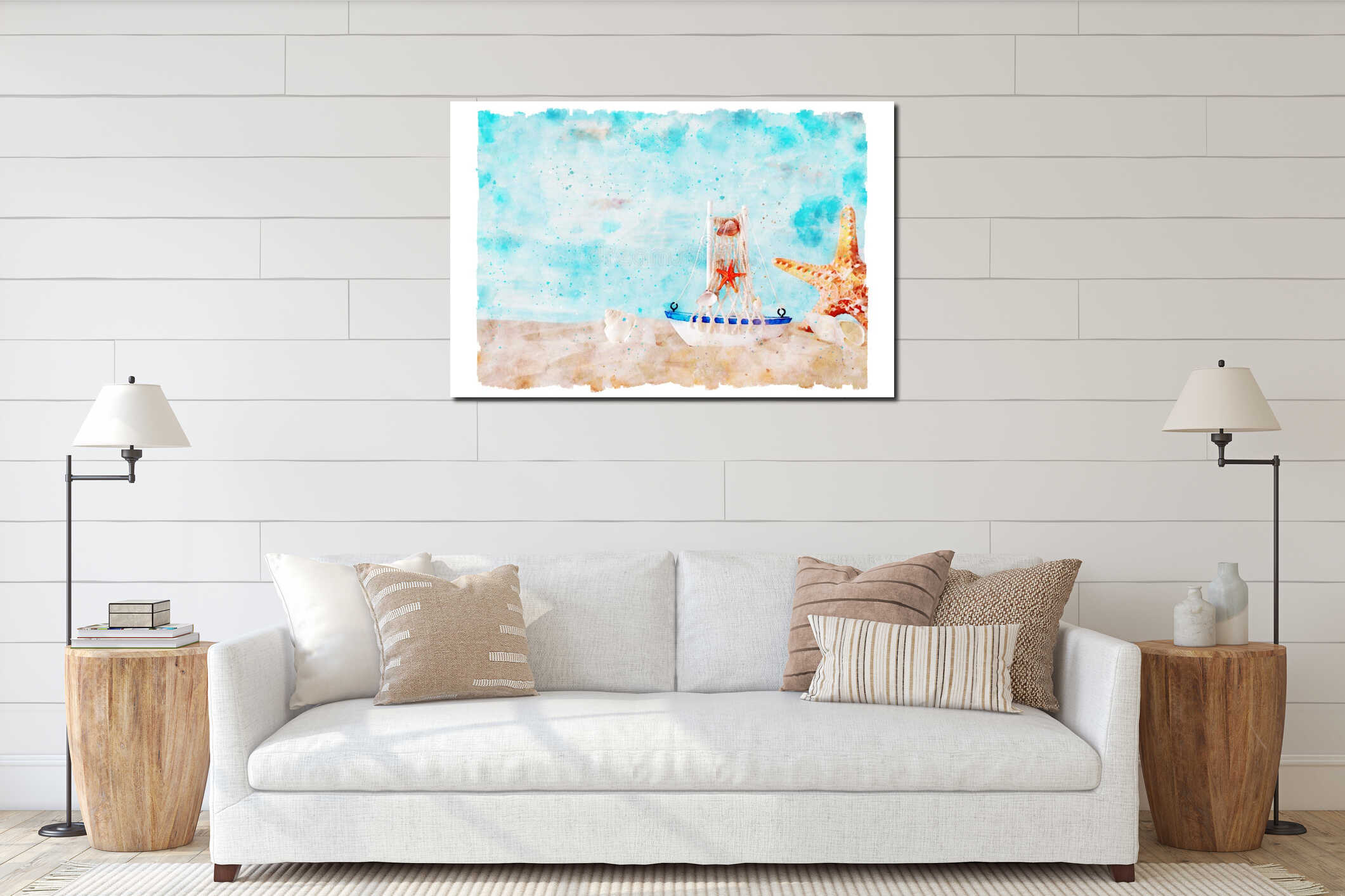 Abstract watercolor style image of nautical concept with old boat interior mockup