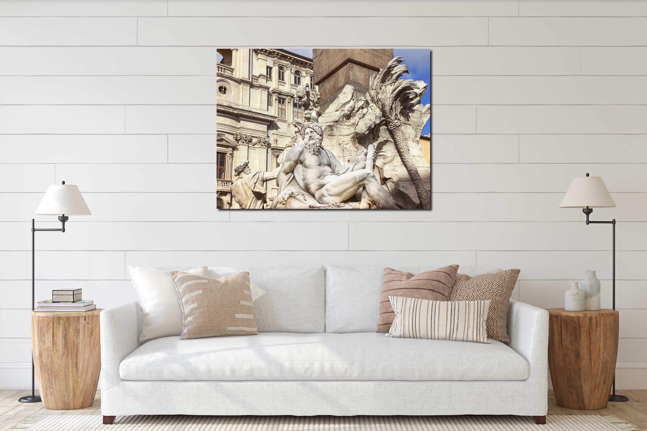 A seagull resting on the head of the statue representing the Ganges river in the Fountain of the four rivers in Piazza Navona in interior mockup