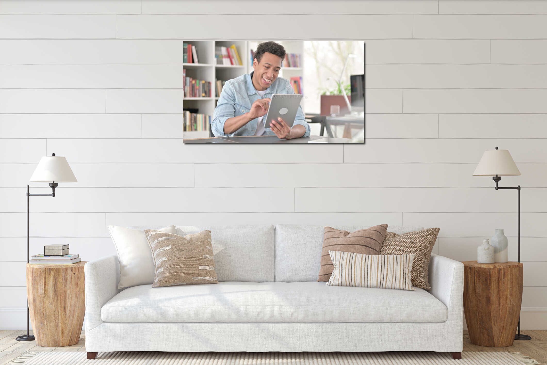 Creative Young African American Man using Digital Tablet interior mockup