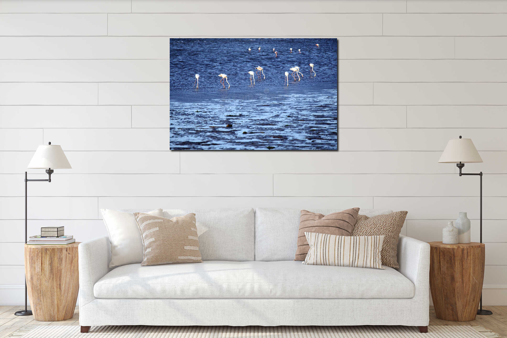 Greater flamingos of Walvis Bay Harbor - harmonious coexistence of man and nature interior mockup