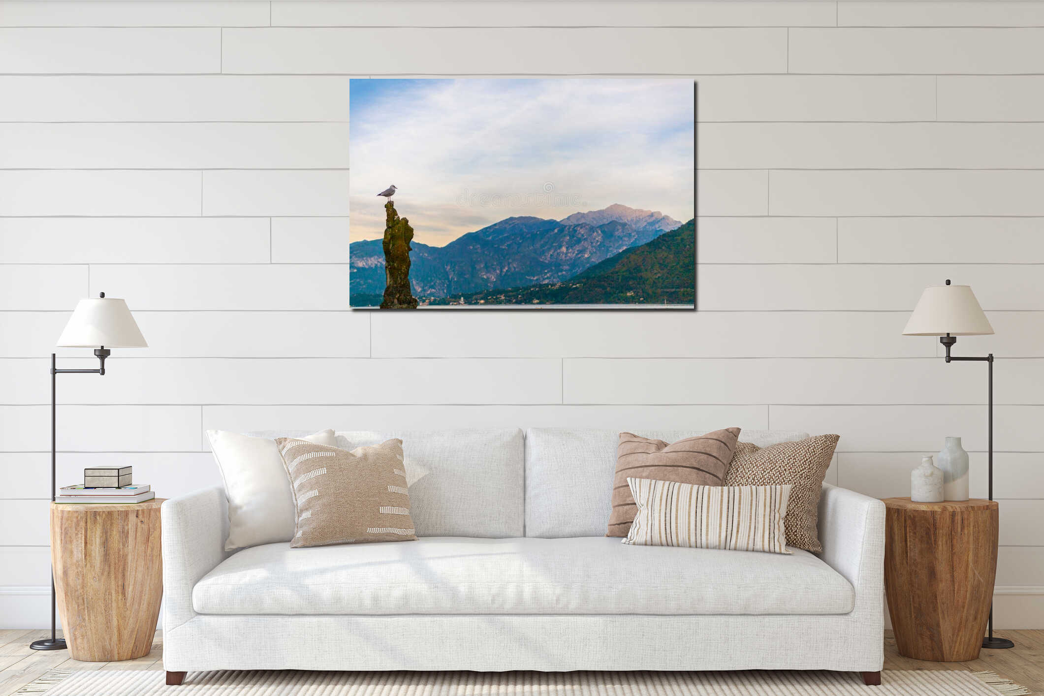 A seagull on a pier on lake Como at sunset, Italy interior mockup