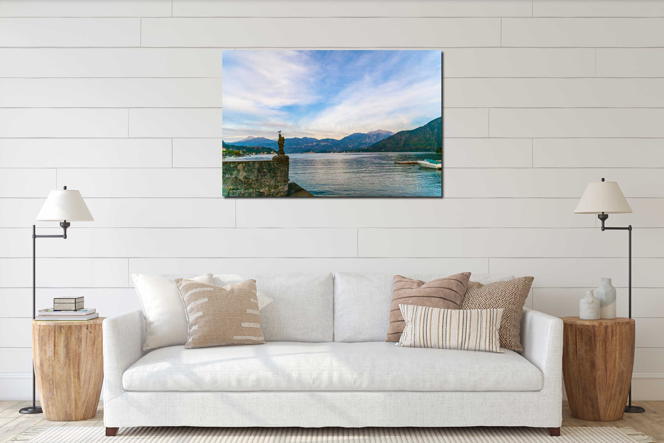 A seagull on a pier on lake Como at sunset, Italy interior mockup