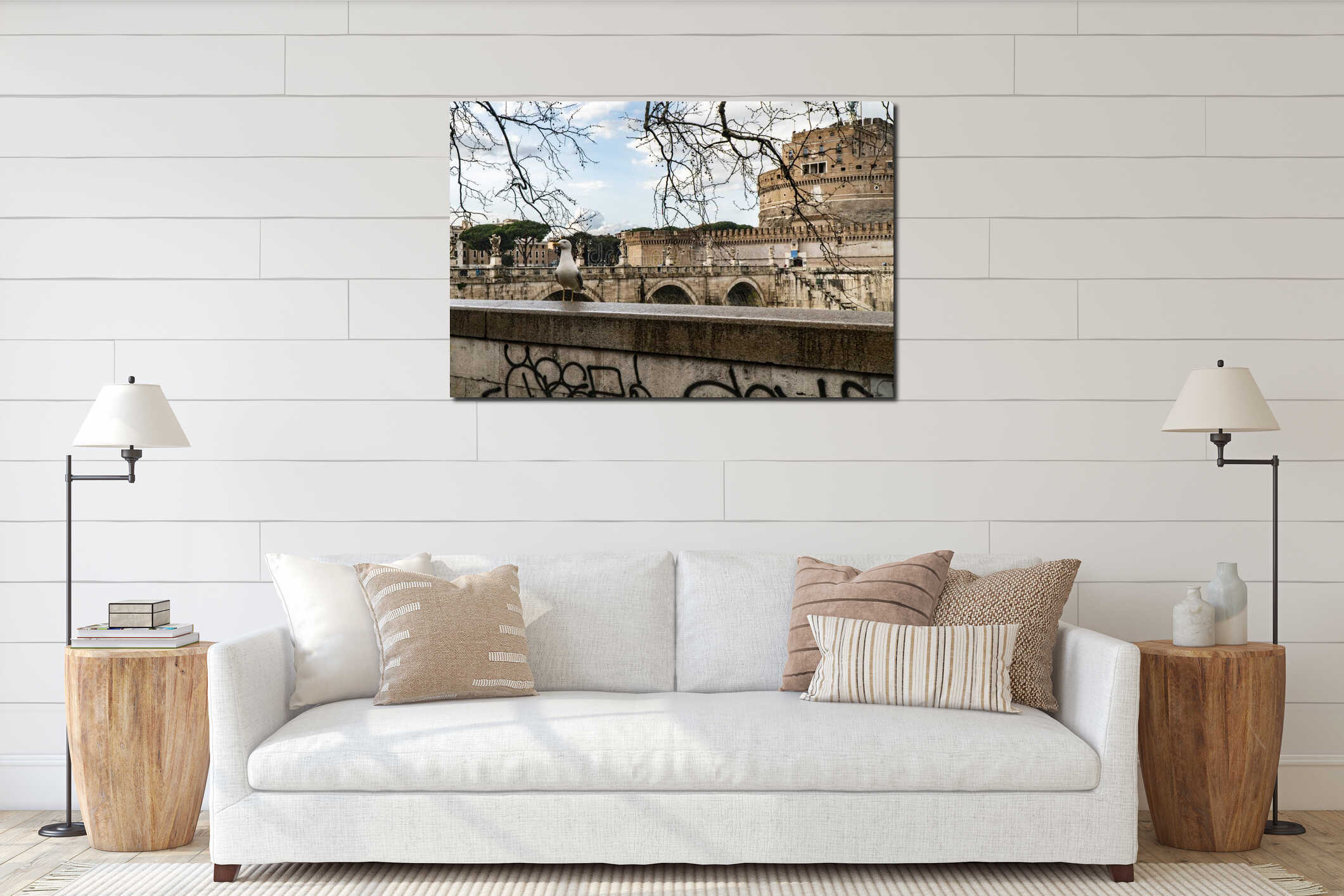 Seagull with Castel Sant Angelo in Rome in Italy in the background interior mockup