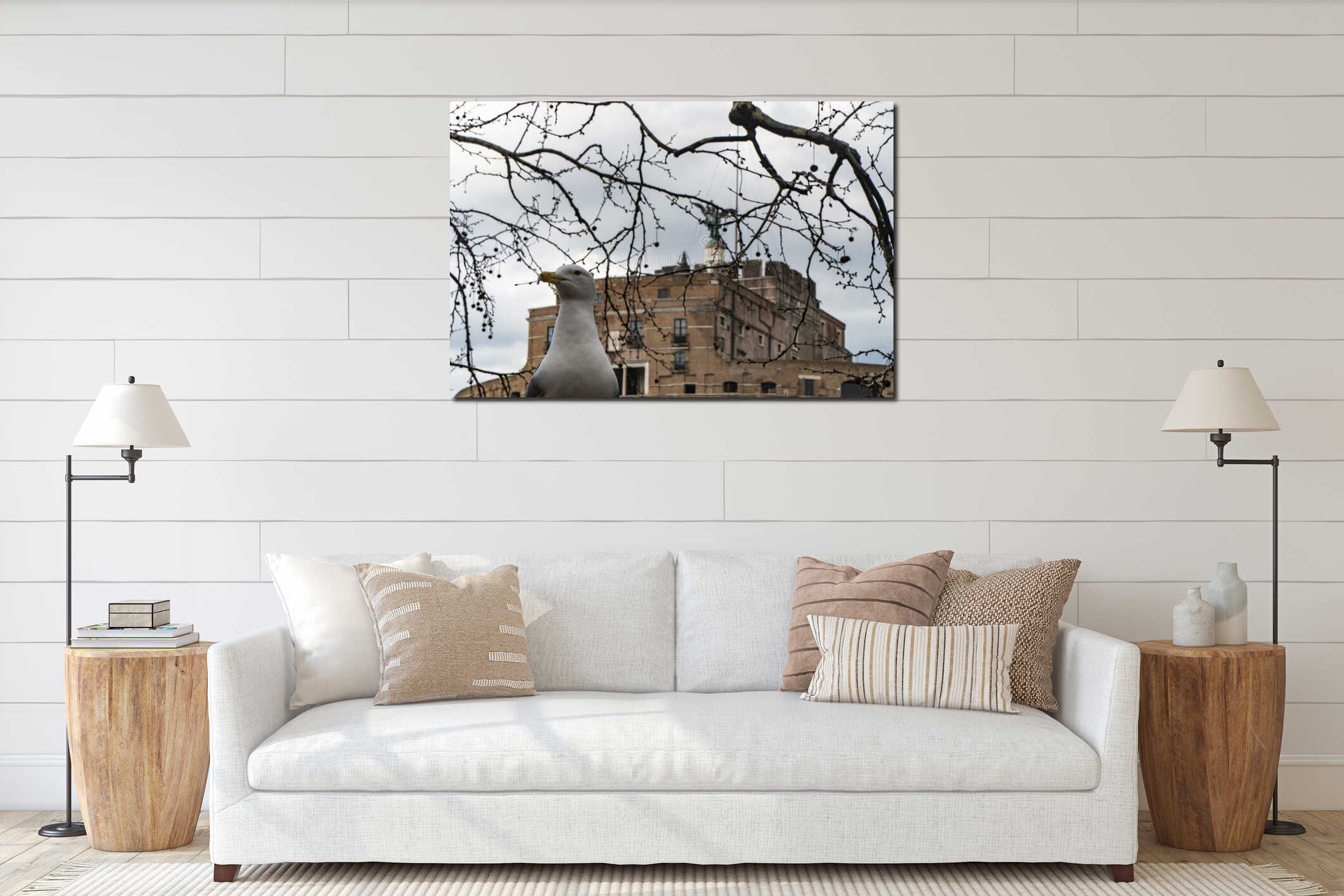 Seagull with Castel Sant Angelo in Rome in Italy in the background interior mockup