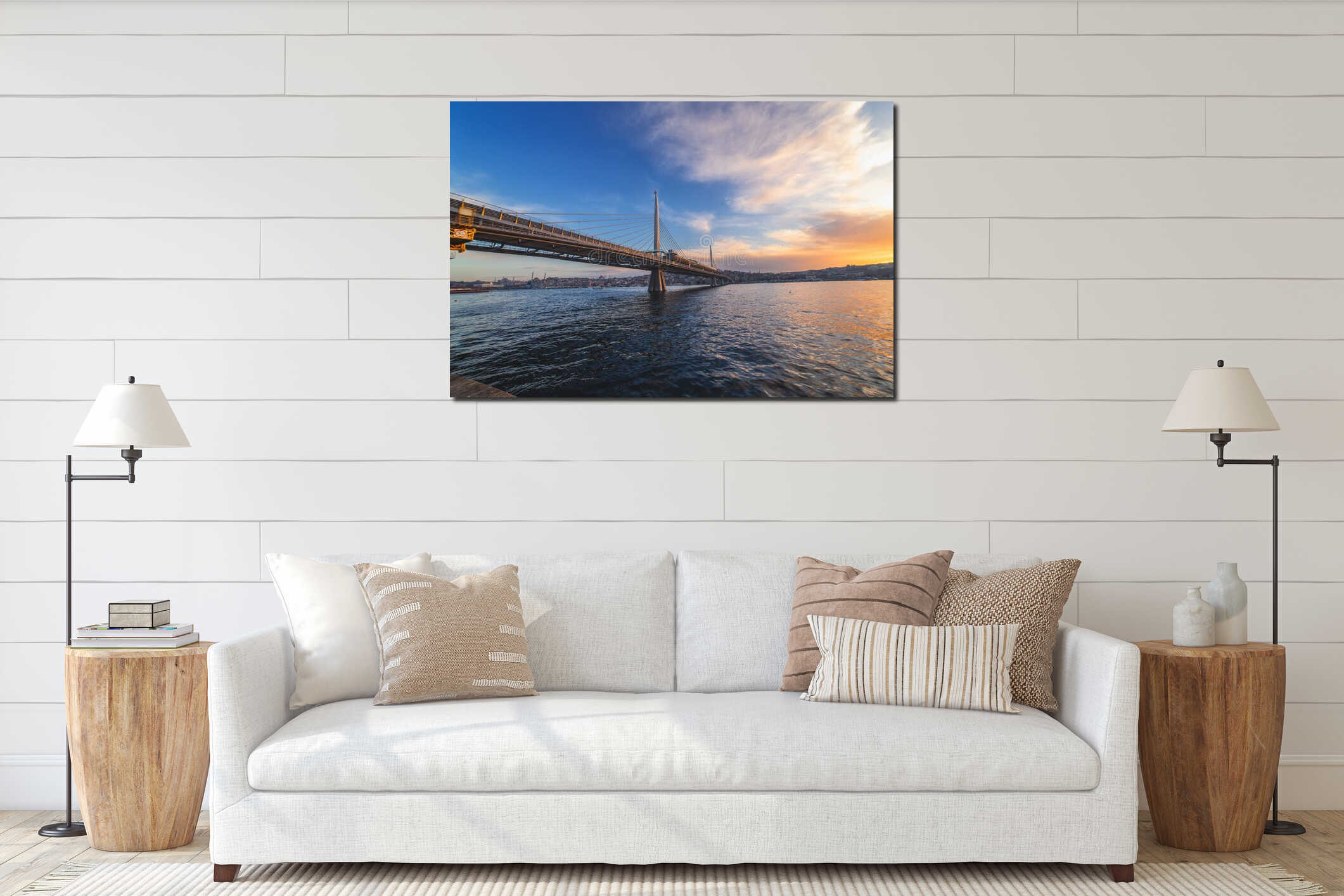 Sunset in Istanbul and view of Golden Horn and Halic metro bridge interior mockup