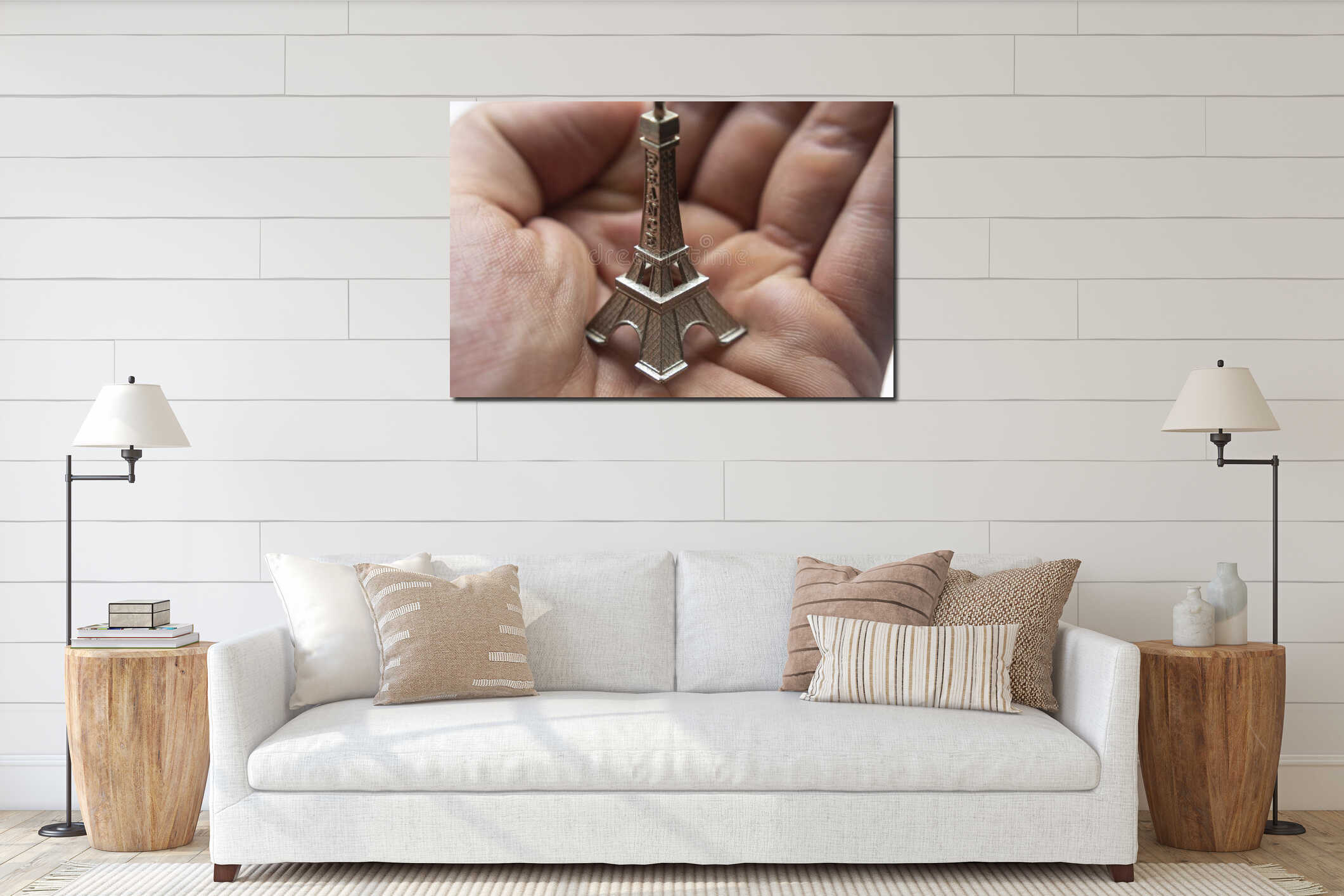 Macro Photography to mini Eiffel Tower in a hand palm interior mockup