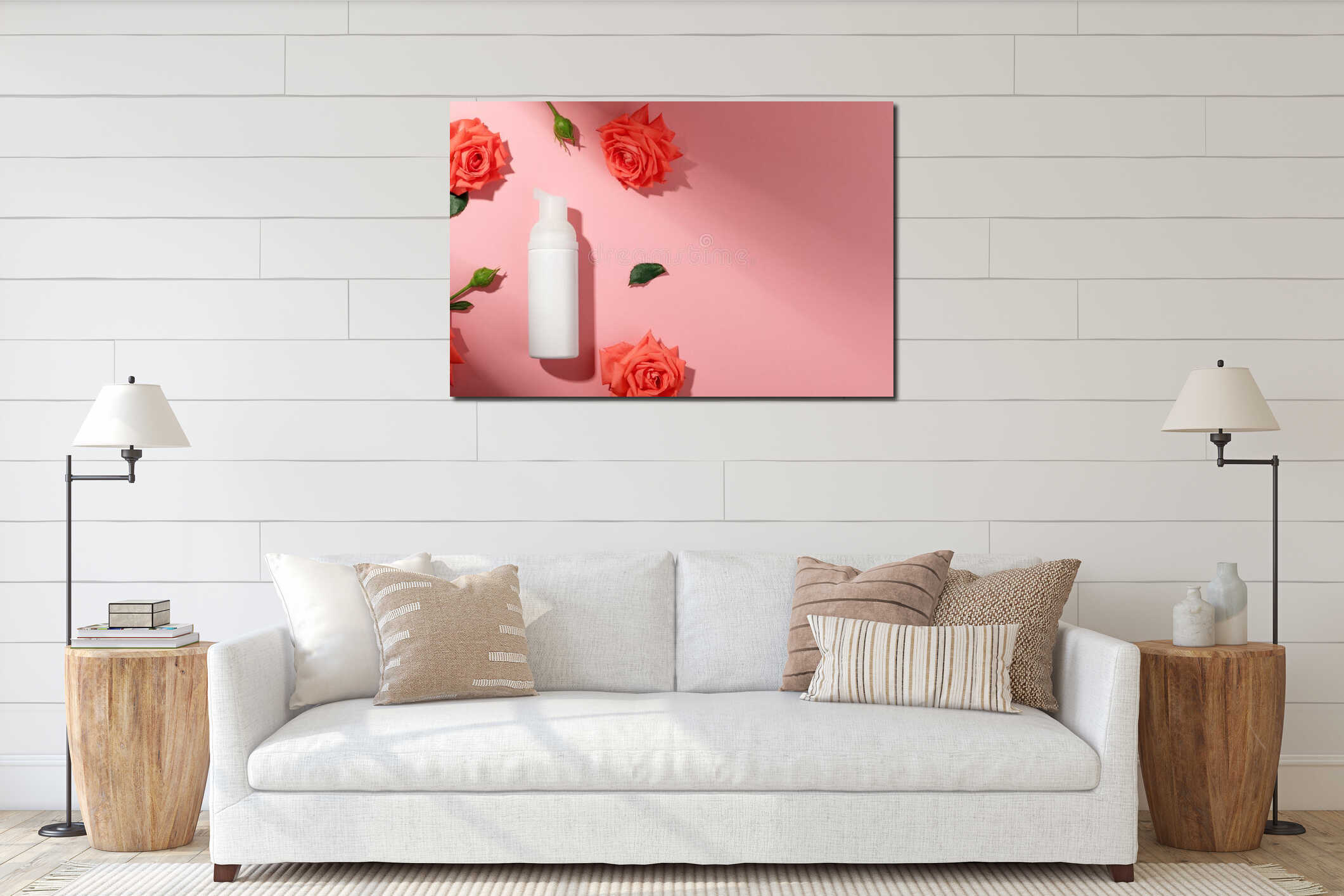 Bottle with facial product isolated in pink background. Blank unbranded tube in mockup style. Copy space in right side. Skincare interior mockup