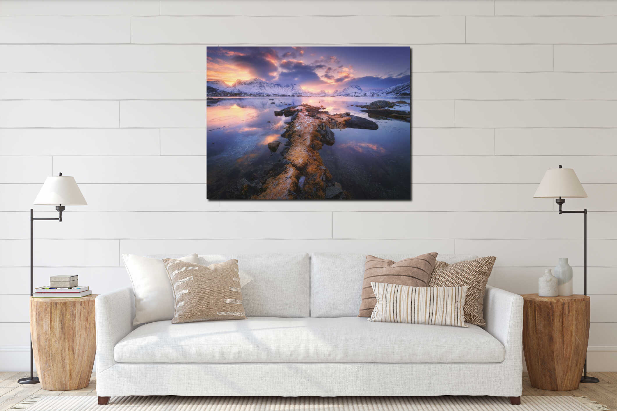 Sea coast, snowy mountains and amazing purple sky at sunet interior mockup