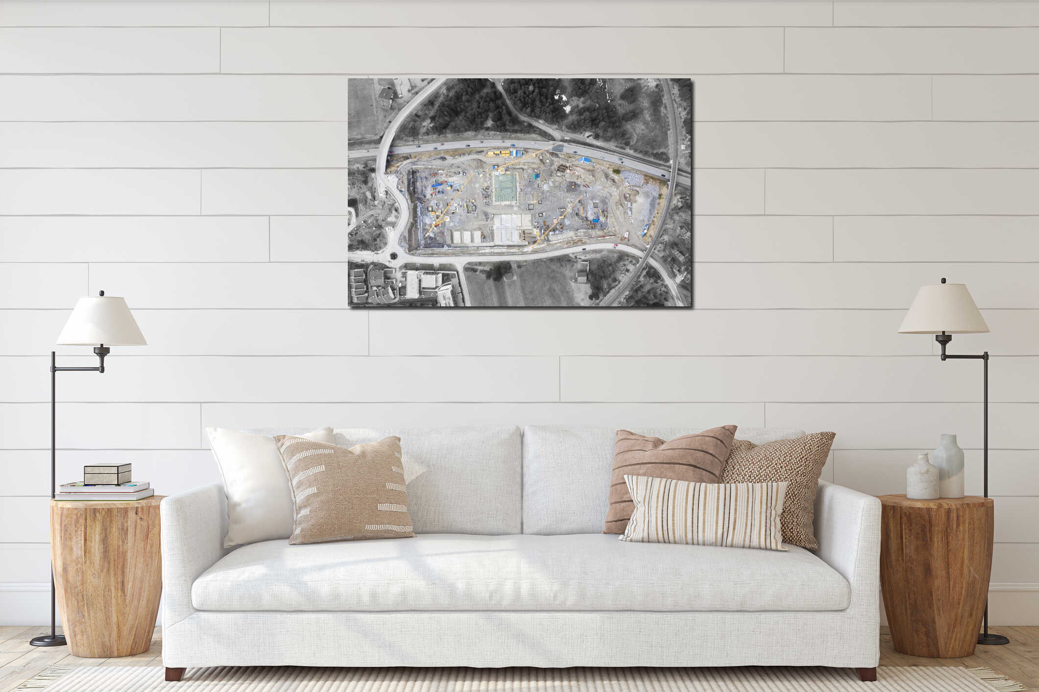 Birds eye aerial top view to large construction building site with tower cranes surrounded interior mockup