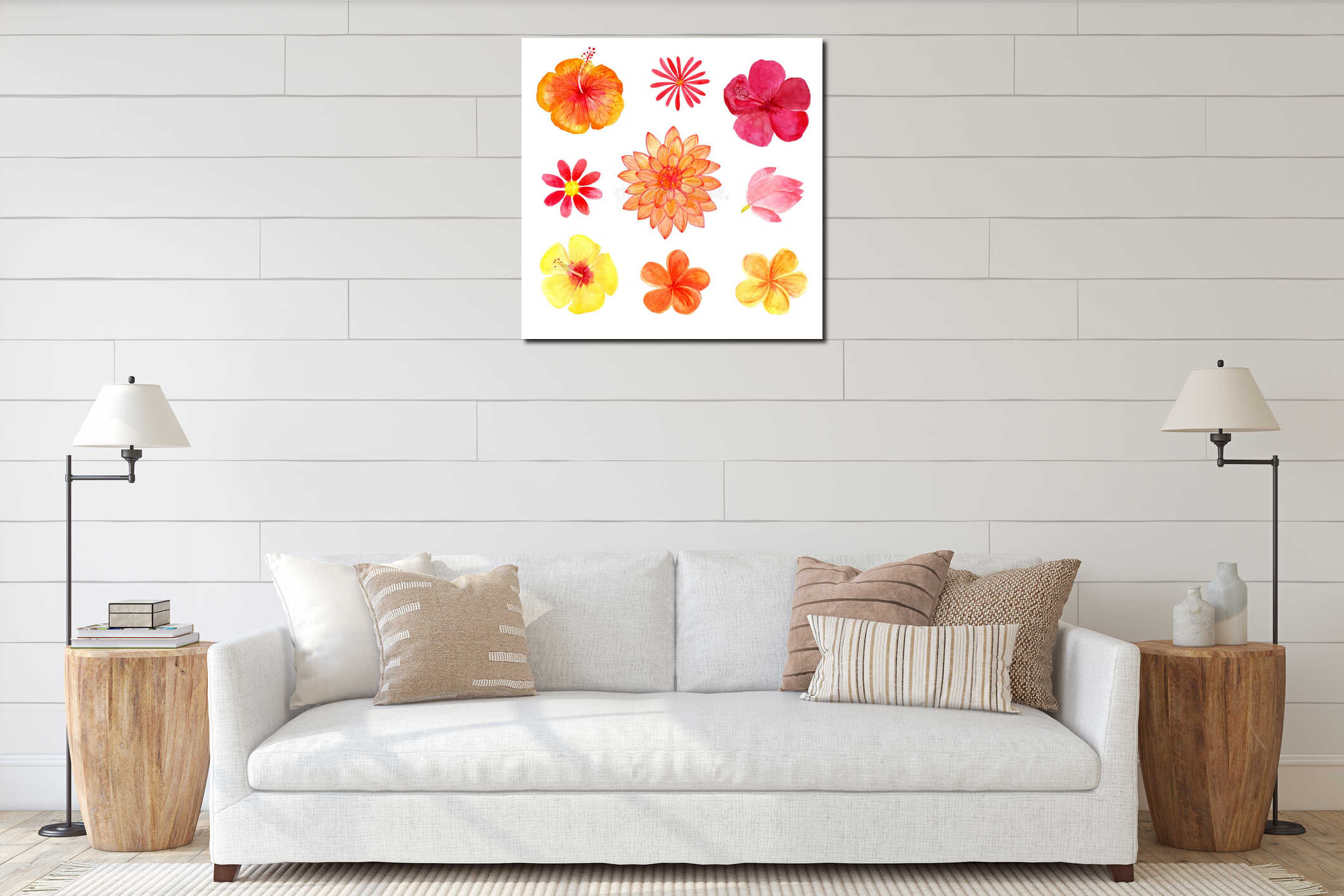 Set of watercolor tropical flowers isolated interior mockup