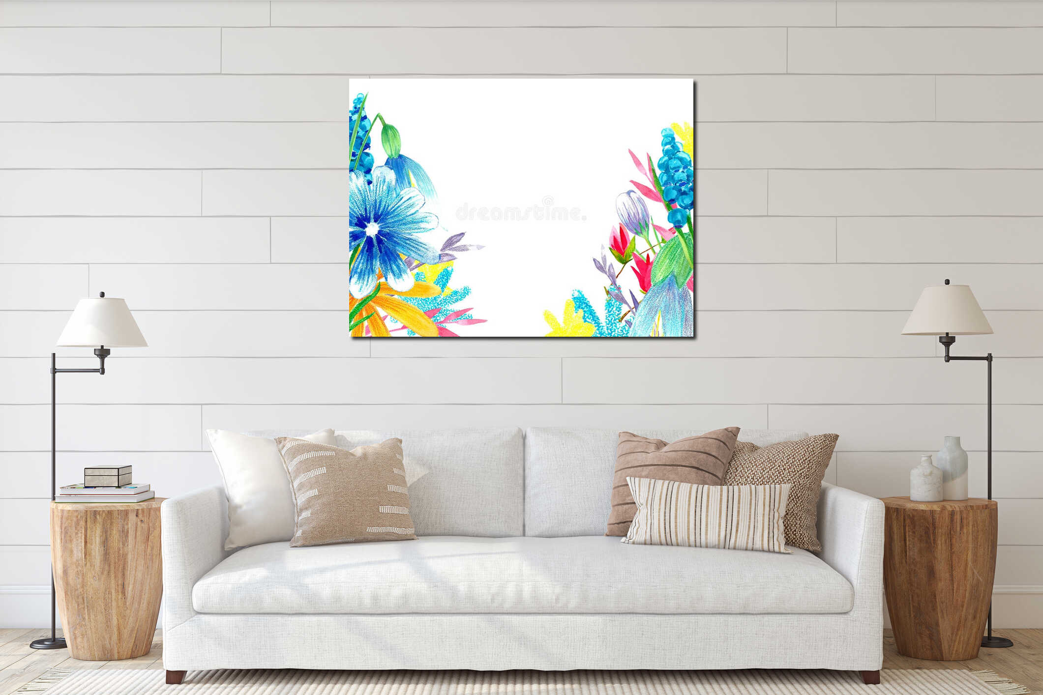 Beautiful watercolor floral frame. Bright colorful  spring floral sp composition interior mockup