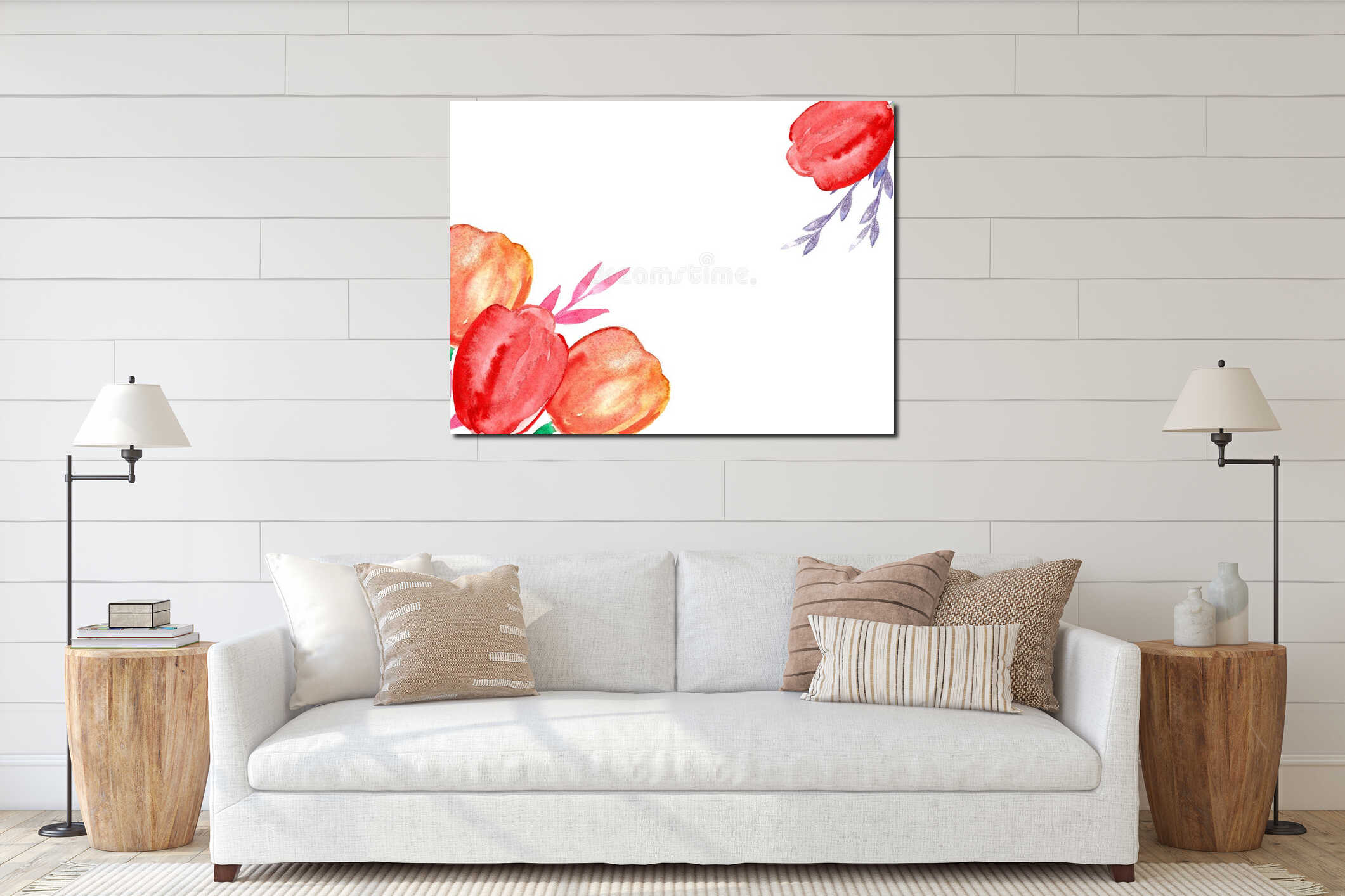 Beautiful watercolor floral frame. Bright colorful  spring floral sp composition interior mockup