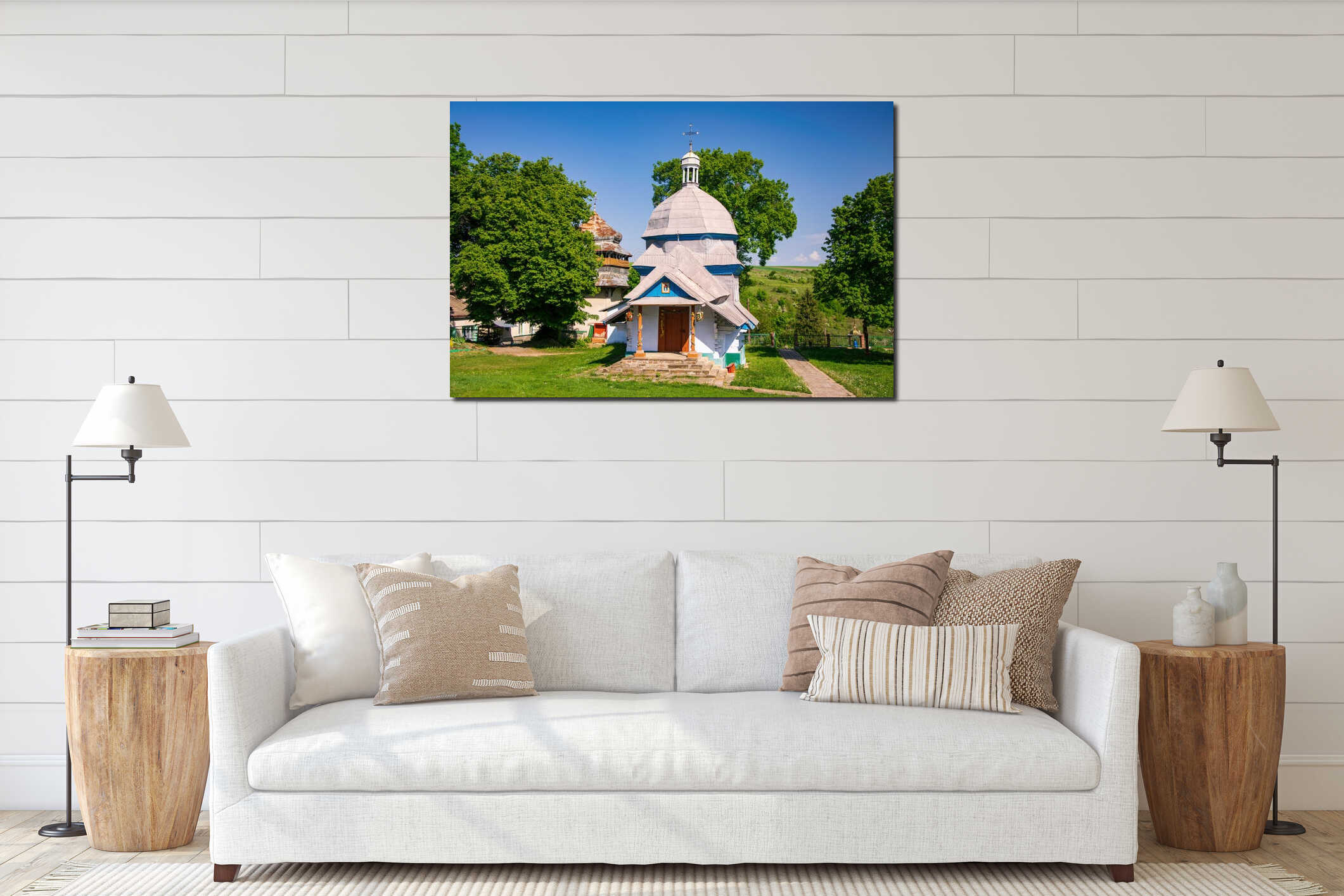 Scenic view of Greek Catholic wooden church of the Resurrection of Christ, Derenivka, Ternopil region, Ukraine interior mockup