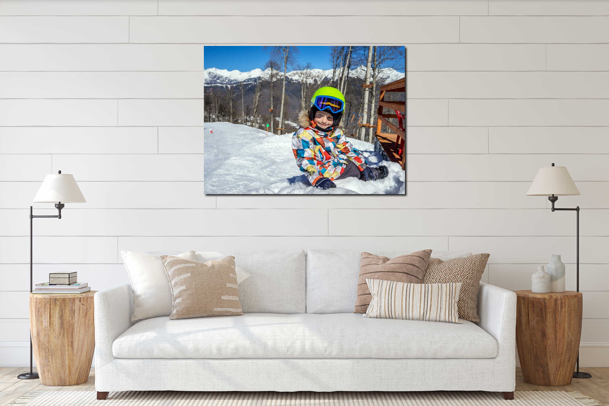 Portrait of little boy snowboarder in mountains interior mockup