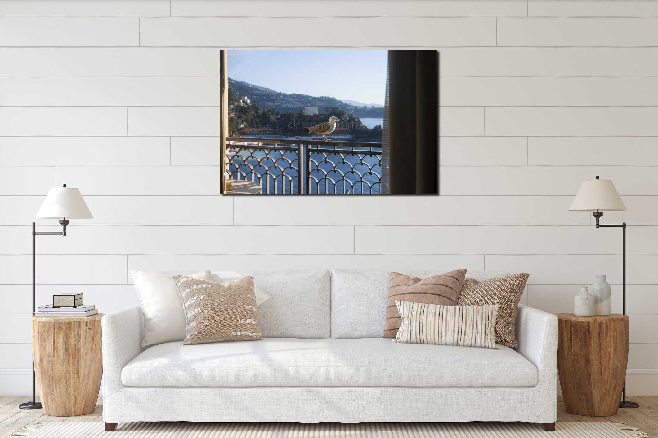 Seagull sitting on a balcony interior mockup