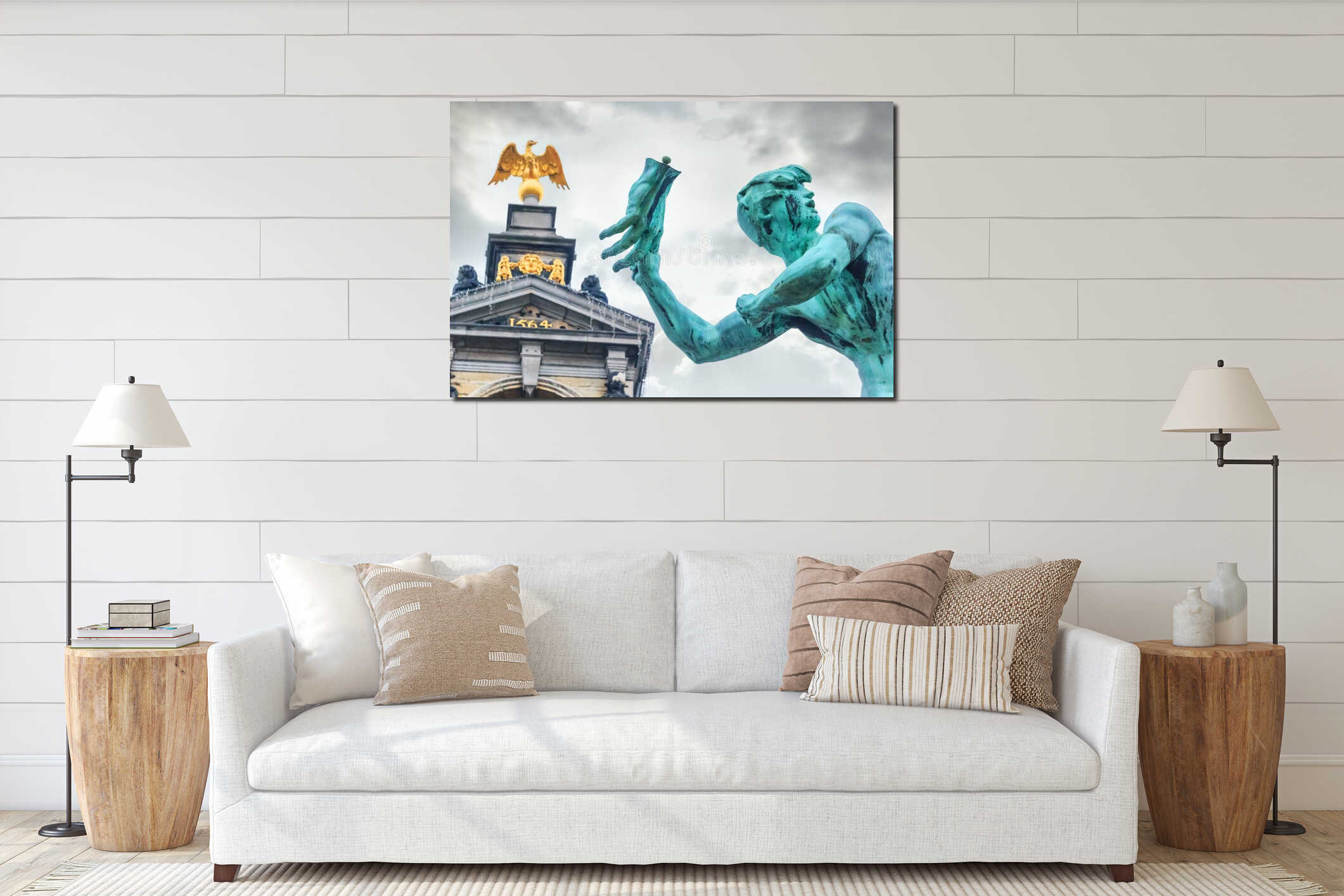 Closeup view of the Statue of Brabo and the Stadhuis building City Hall at the Grote Markt Main Square of Antwerp, in Belgium interior mockup