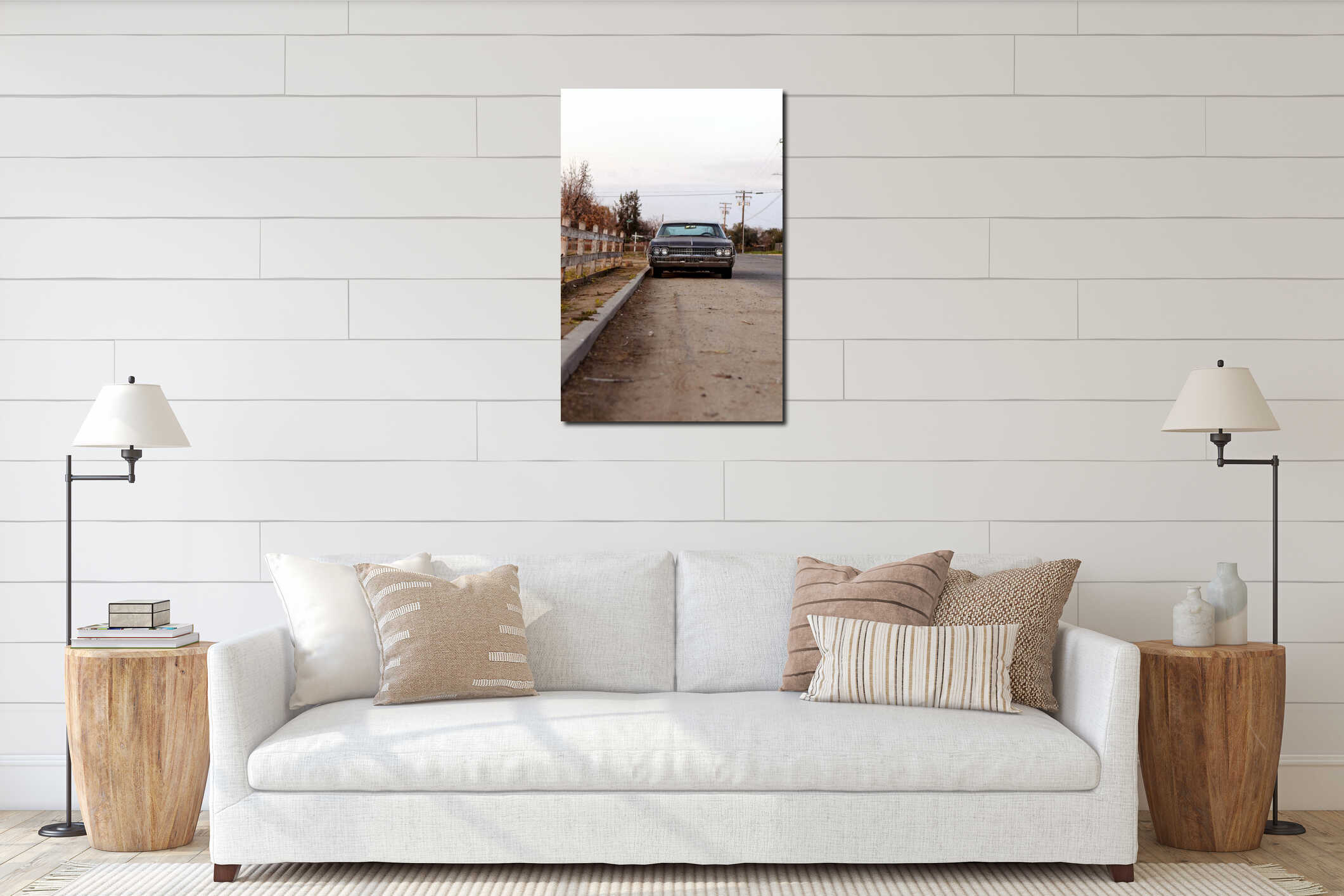 Vertical shot of a black retro car parked in the street interior mockup