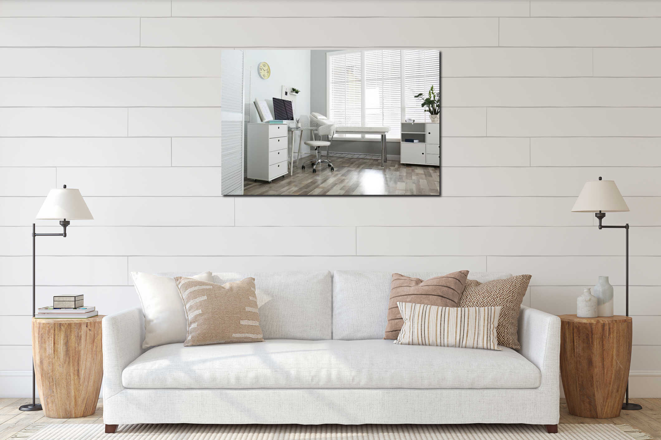 Medical office interior with computer and examination table interior mockup