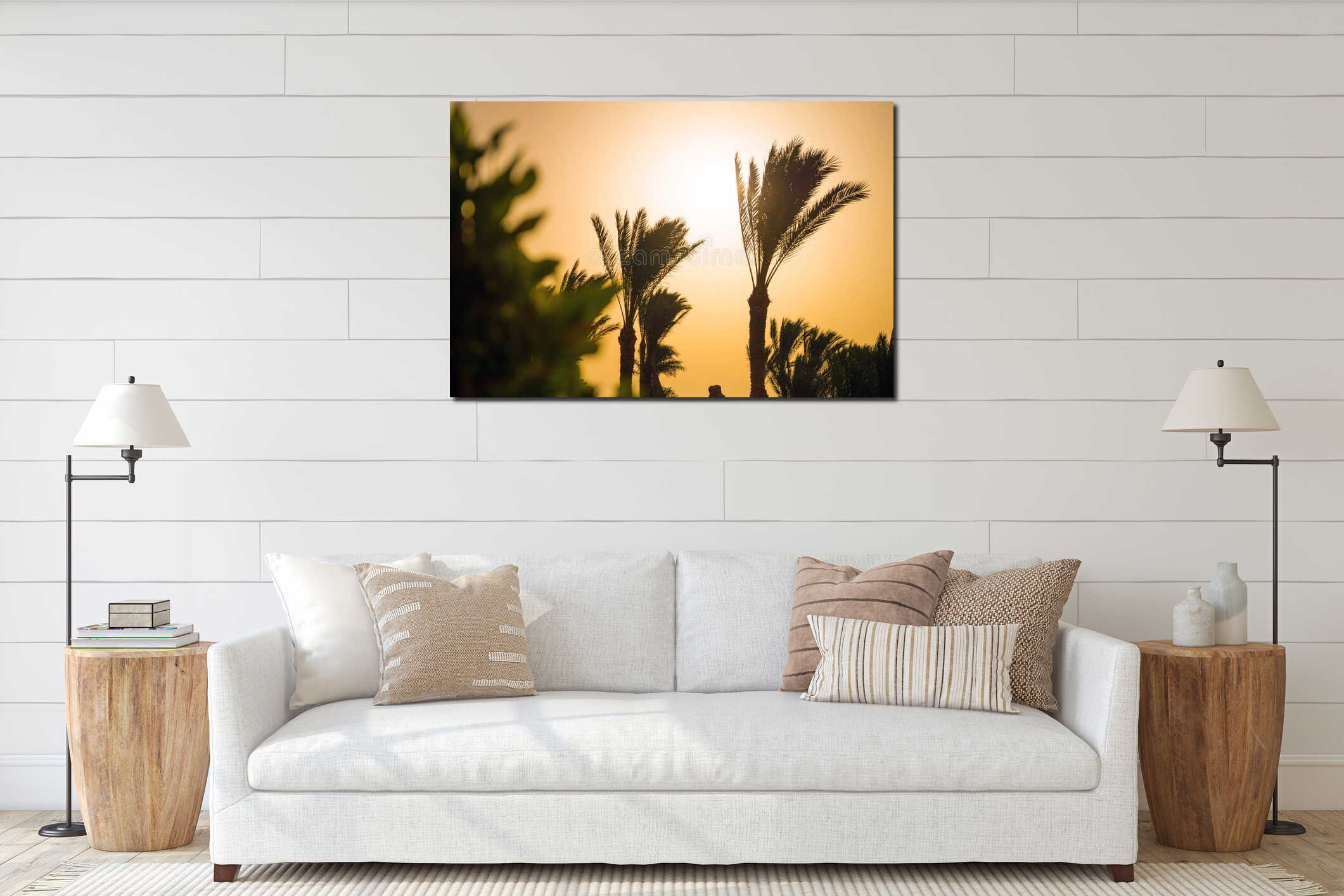 Travel concept of sunset on the coast. Silhouettes of palm trees are on the sea shore interior mockup