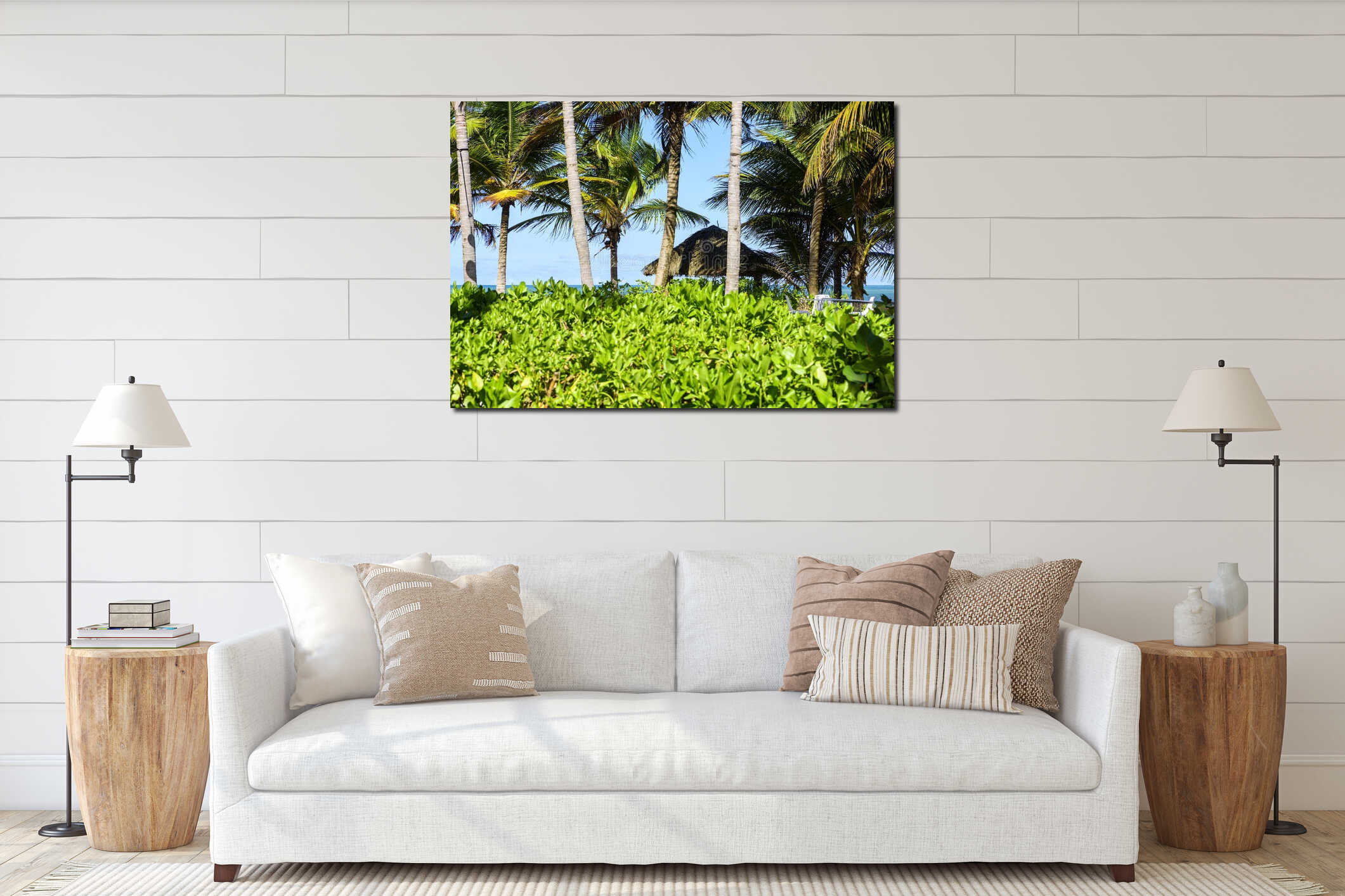 Tropical Beach Scene with Tiki Hut interior mockup