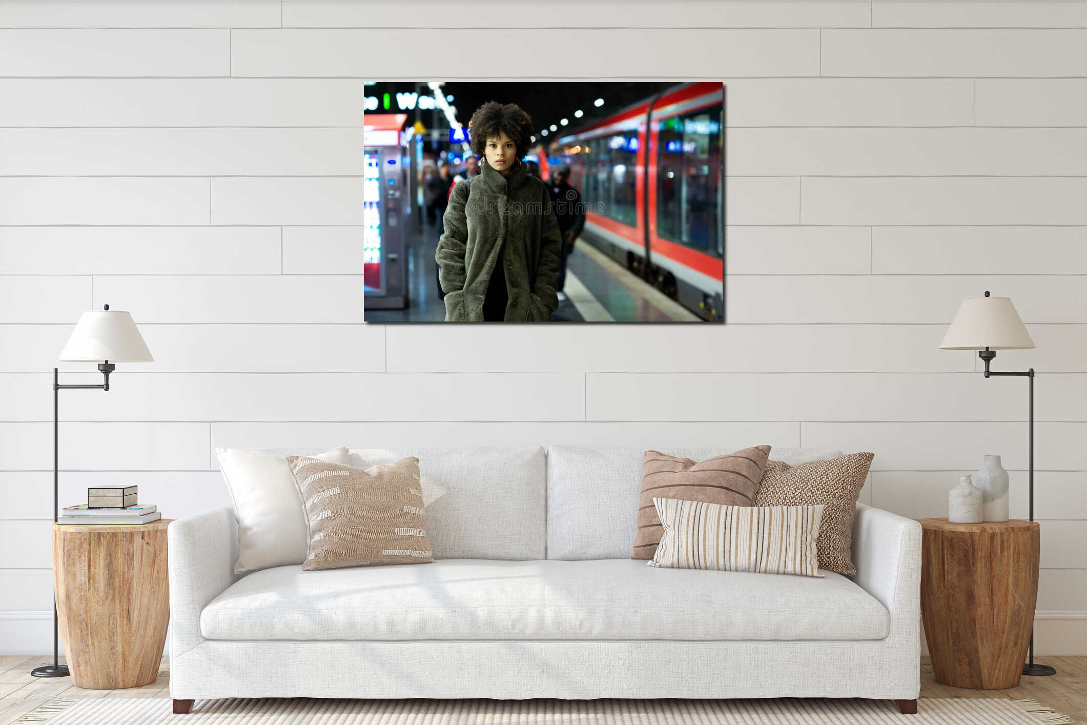 Stylish portrait of a beautiful African-American woman. Woman standing on urban city subway metro platform at night interior mockup