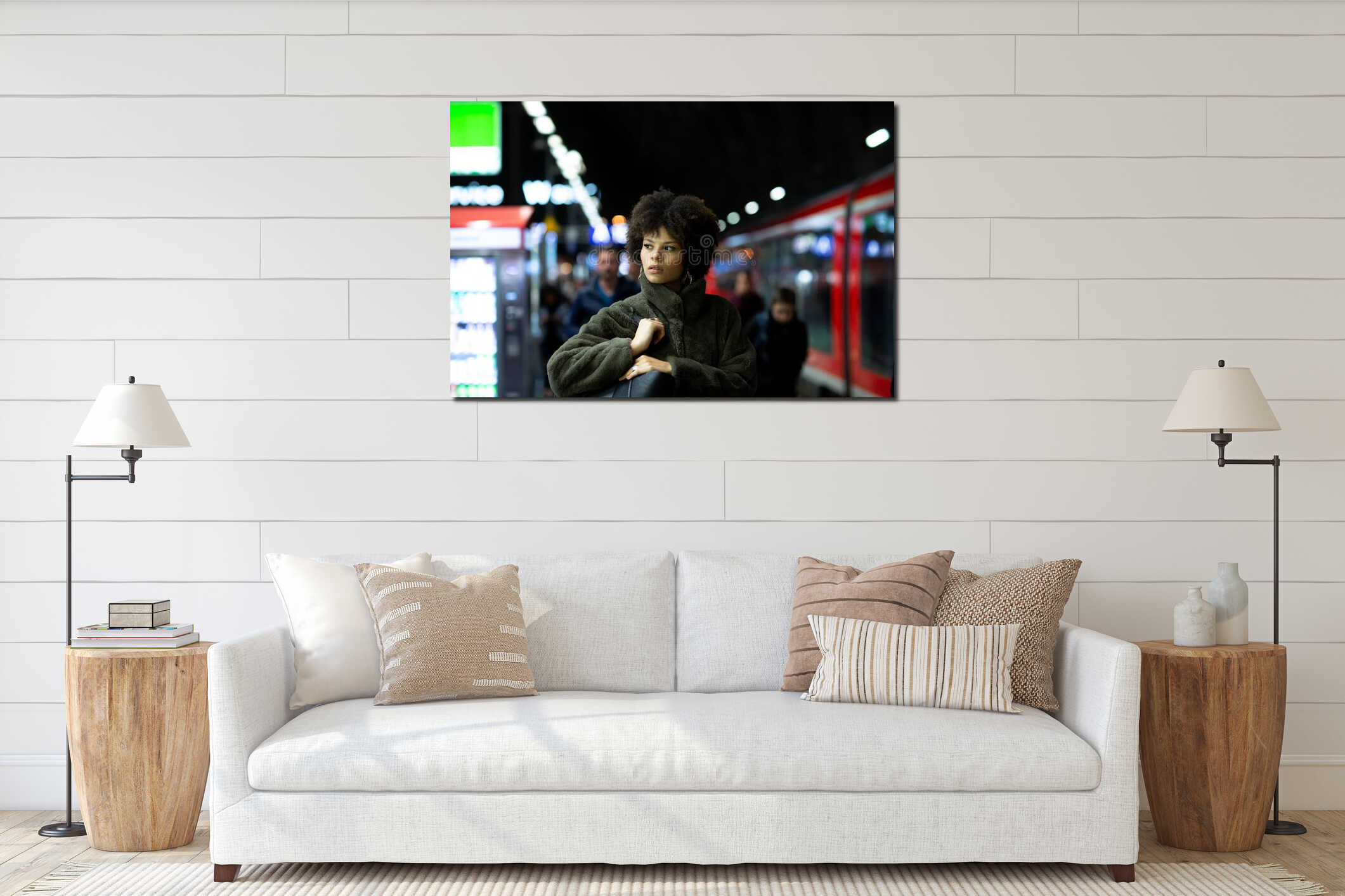 Stylish portrait of a beautiful African-American woman. Woman standing on urban city subway metro platform at night interior mockup