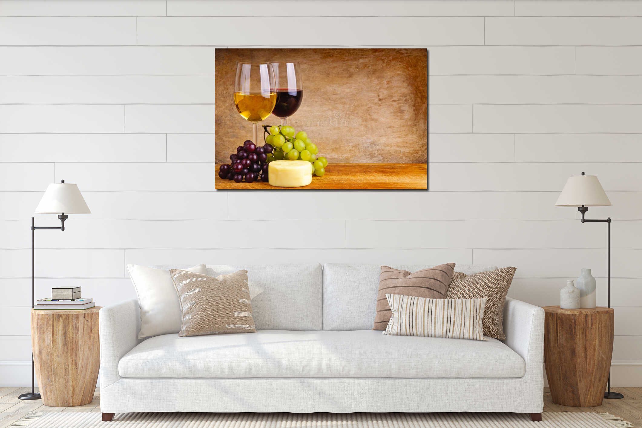 Wine, grapes and cheese interior mockup