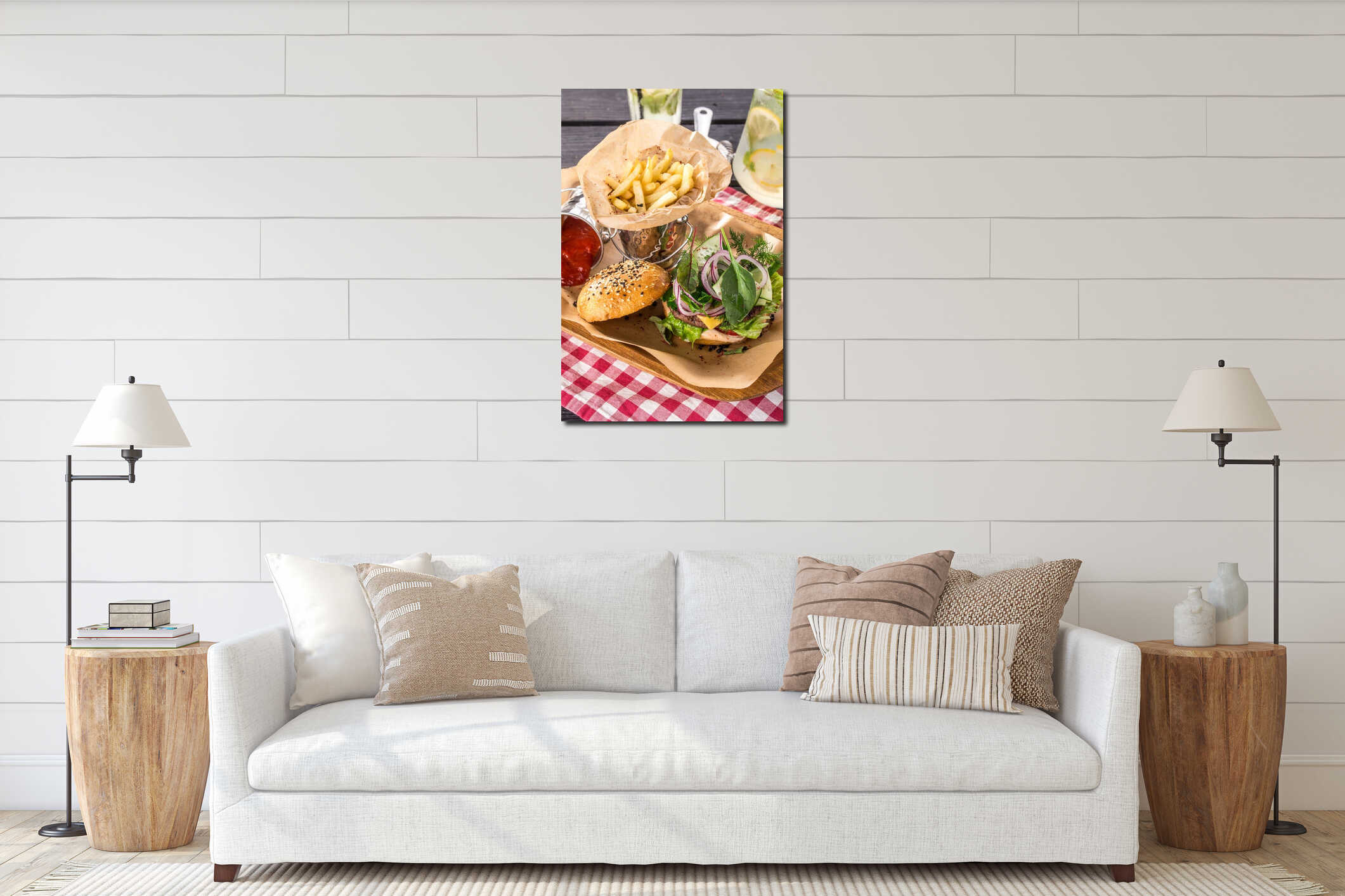 Burger with cheese, red onion, French fries and lemonade on black wooden table interior mockup