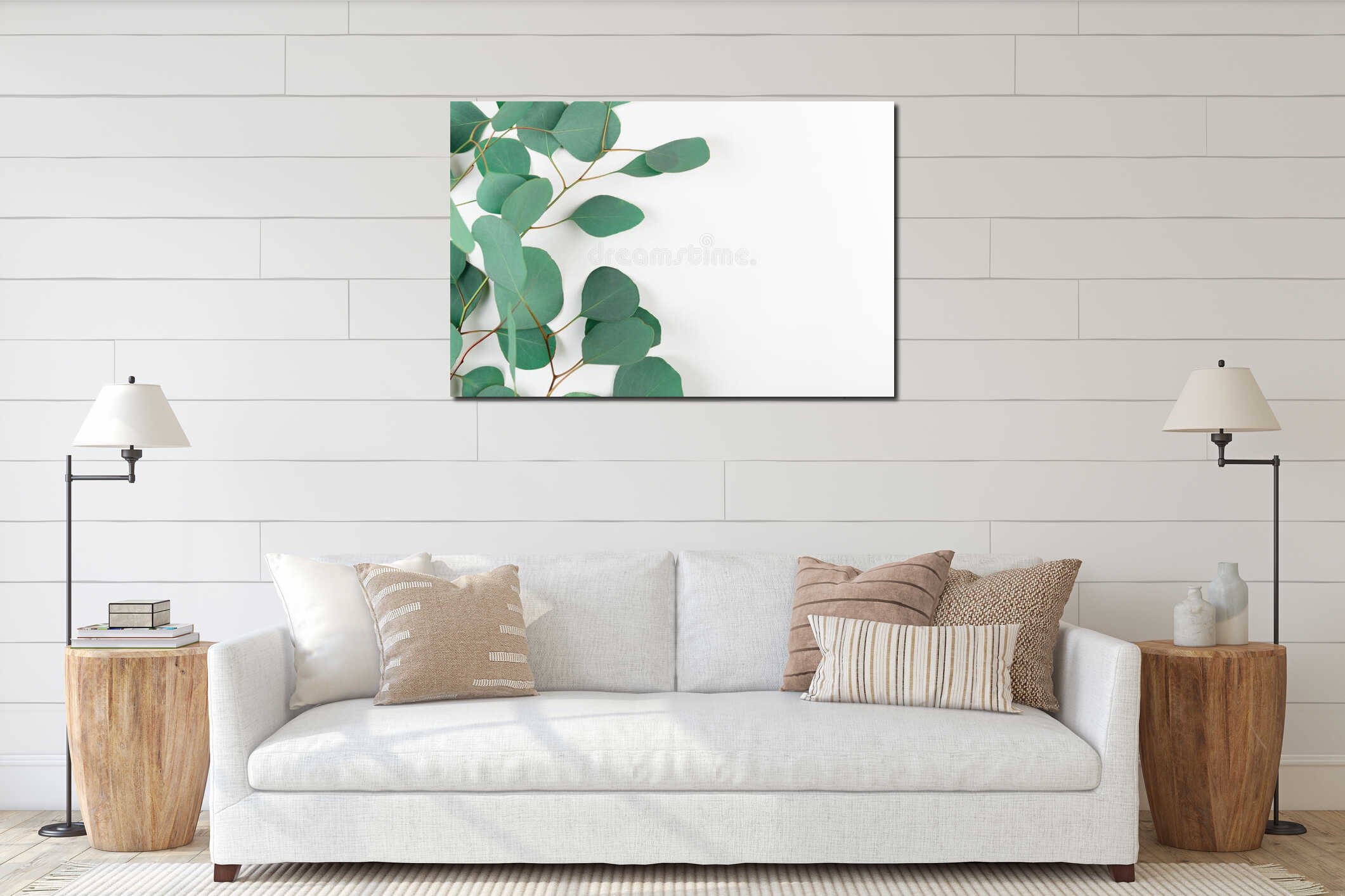 Fresh green eucalyptus leaves isolated on white background. Evergreen tree twigs on light backdrop. Frame made of gum-tree interior mockup