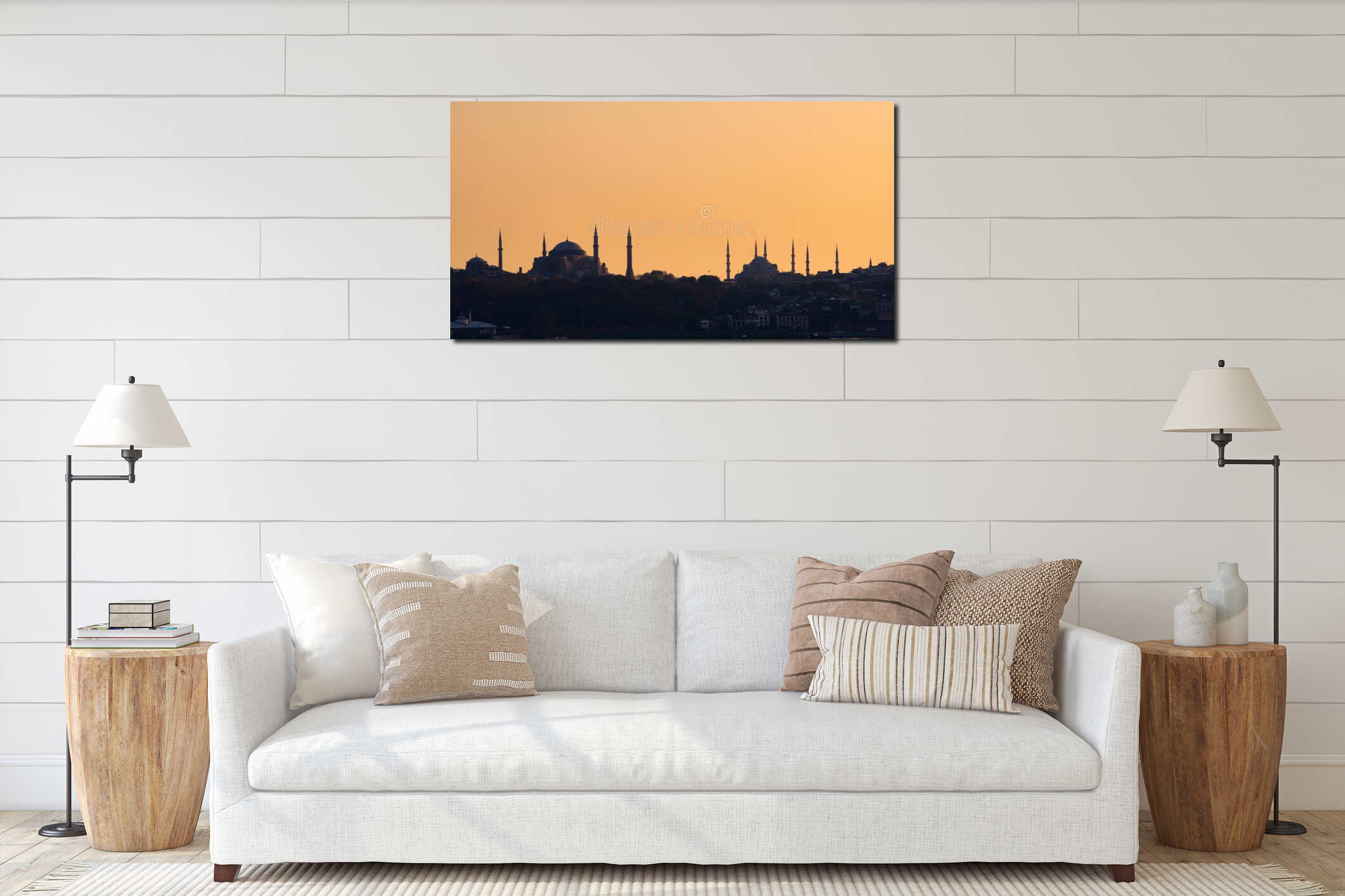 Silhouette of Hagia Sophia and the Blue Mosque of Sultanahmet, in Istambul, Turkey, against the ochre afternoon sky. interior mockup