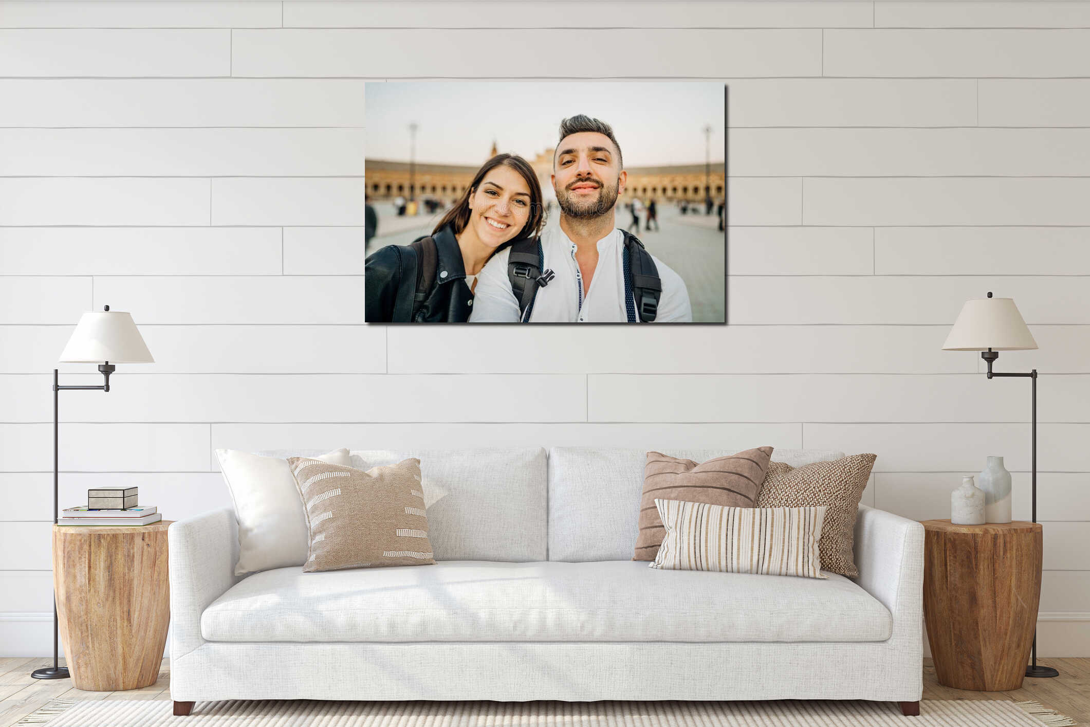 Smiling couple tourists taking selfie  at Plaza de Espana  in, Seville Sevilla, Andalusia, Spain.Traveling to Spain.Sunset on interior mockup
