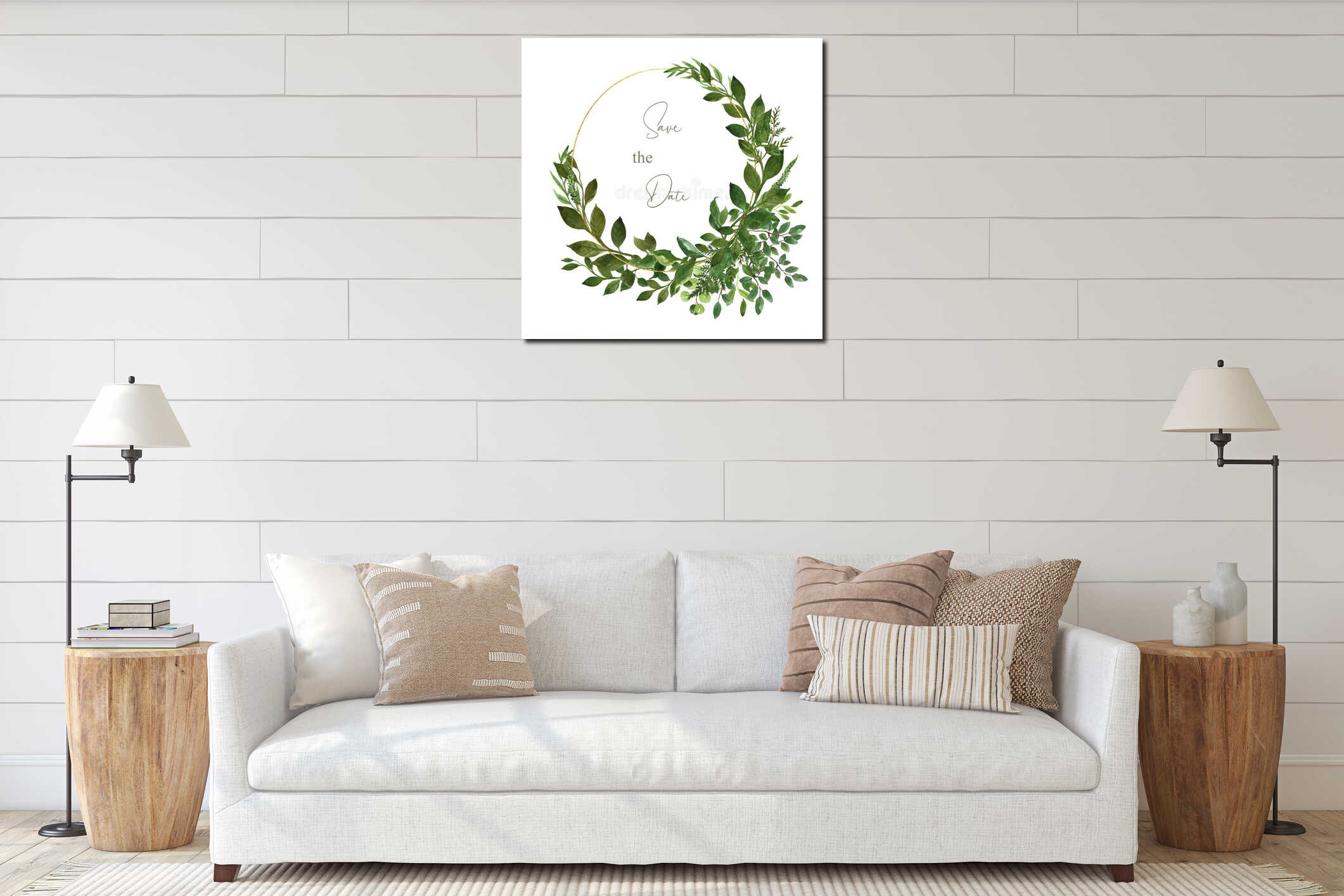 Watercolor botanical frame with wild herbs and green leaves on white background. Modern golden geometric frame. Floral wedding interior mockup