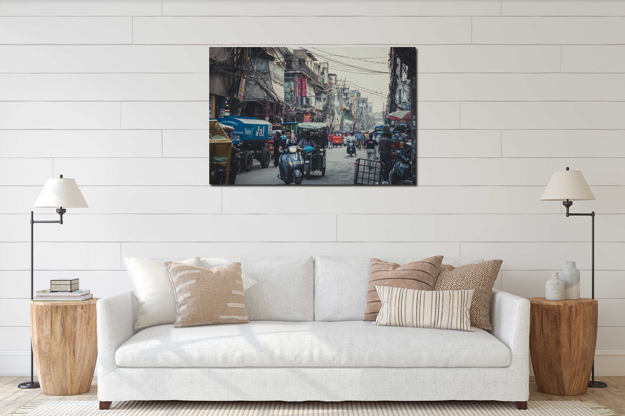 Delhi, India - April 2019 : Crowd of people Life at New Delhi city center from old Delhi interior mockup