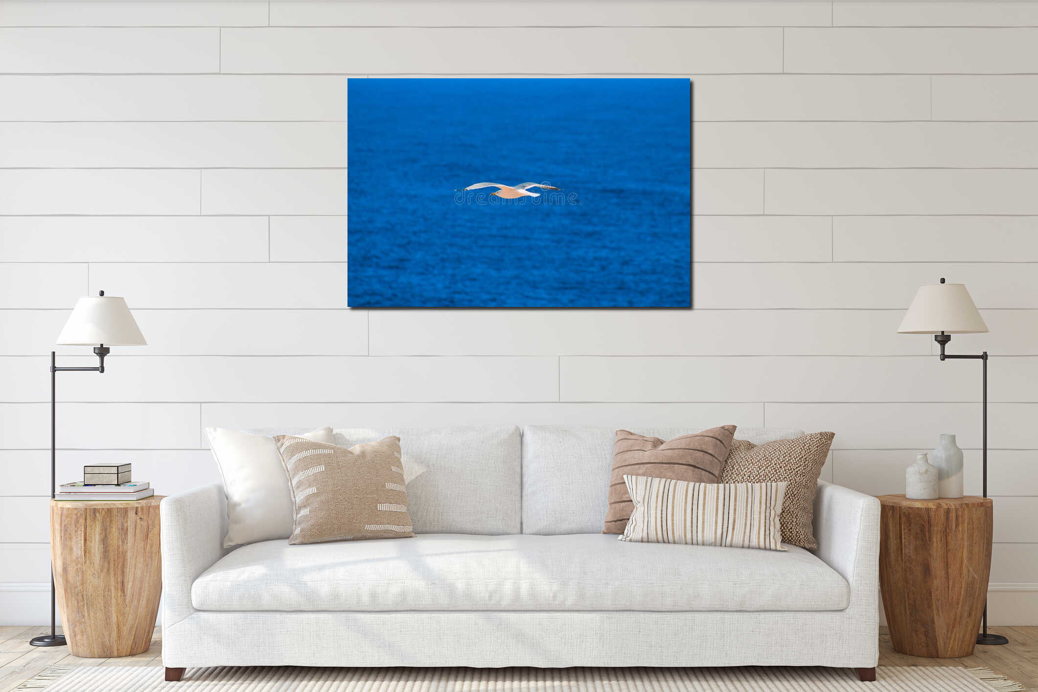 Single seagull is flying in front of blue sky in Spain interior mockup