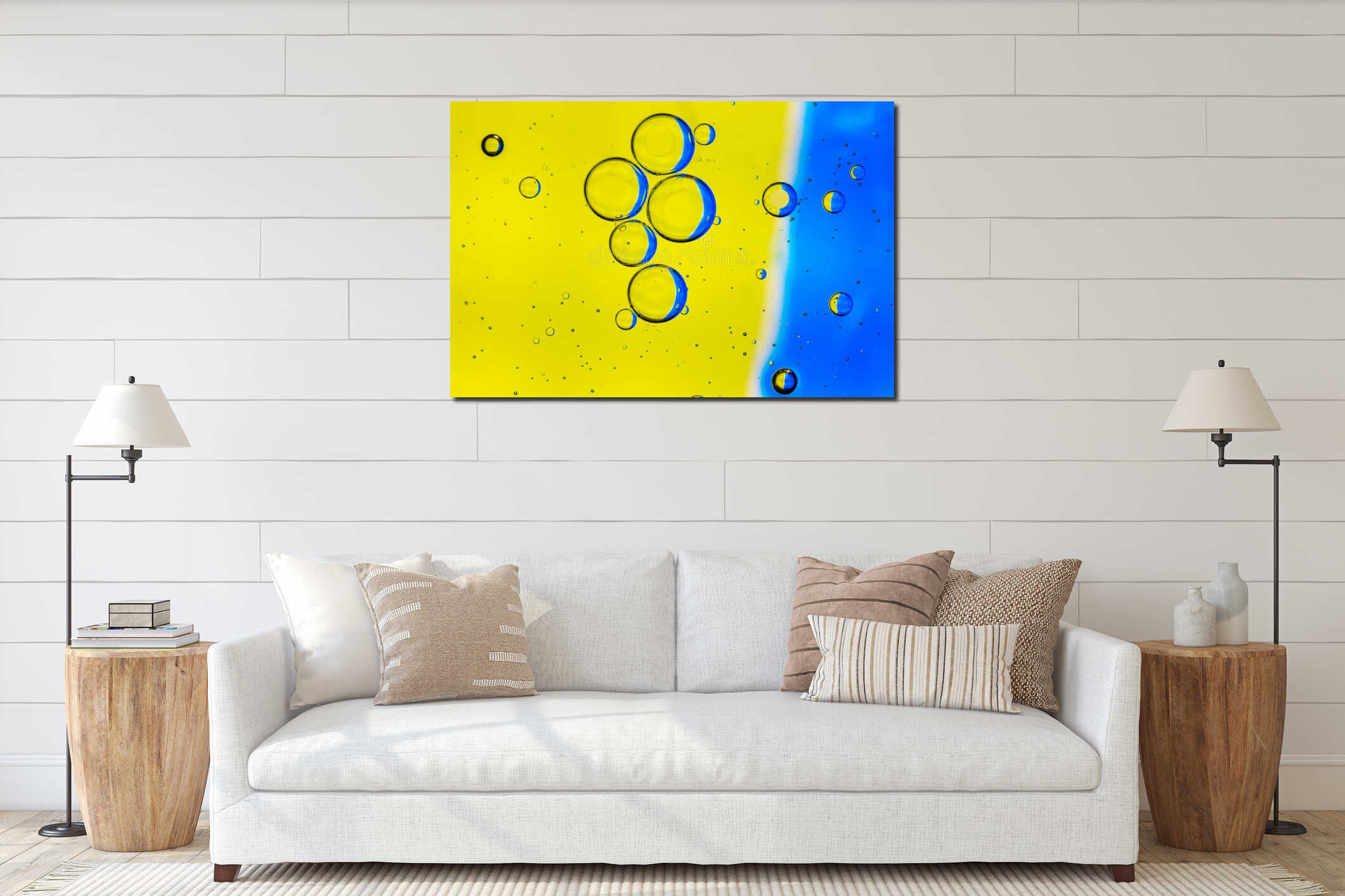 Close up shot of colorful soap bubbles interior mockup