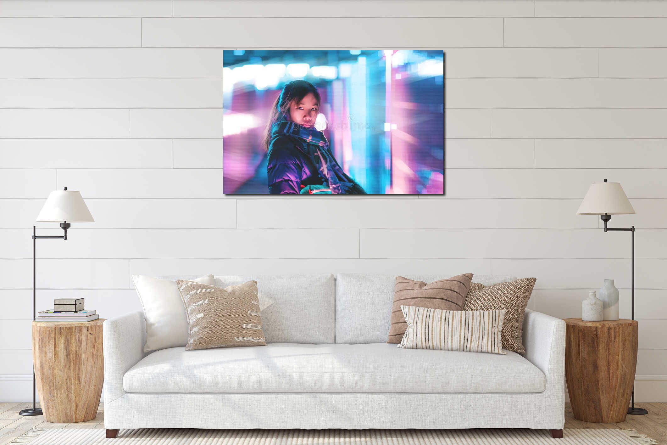 Woman with Futuristic neon cyber punk color tone and background for Cyber and Technology concept, Blue and pink tone interior mockup