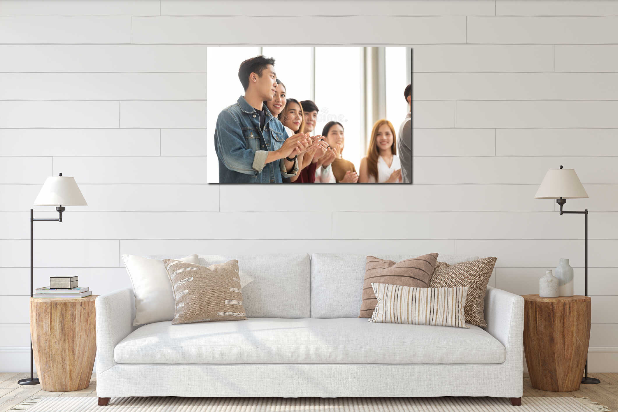 Group of Creative designers audience applauding at seminar interior mockup