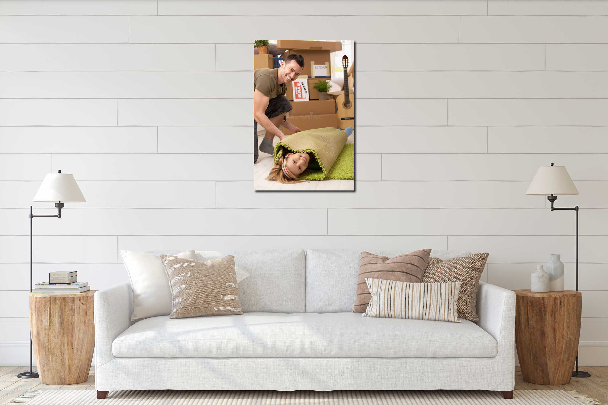 Young couple having fun at moving house interior mockup