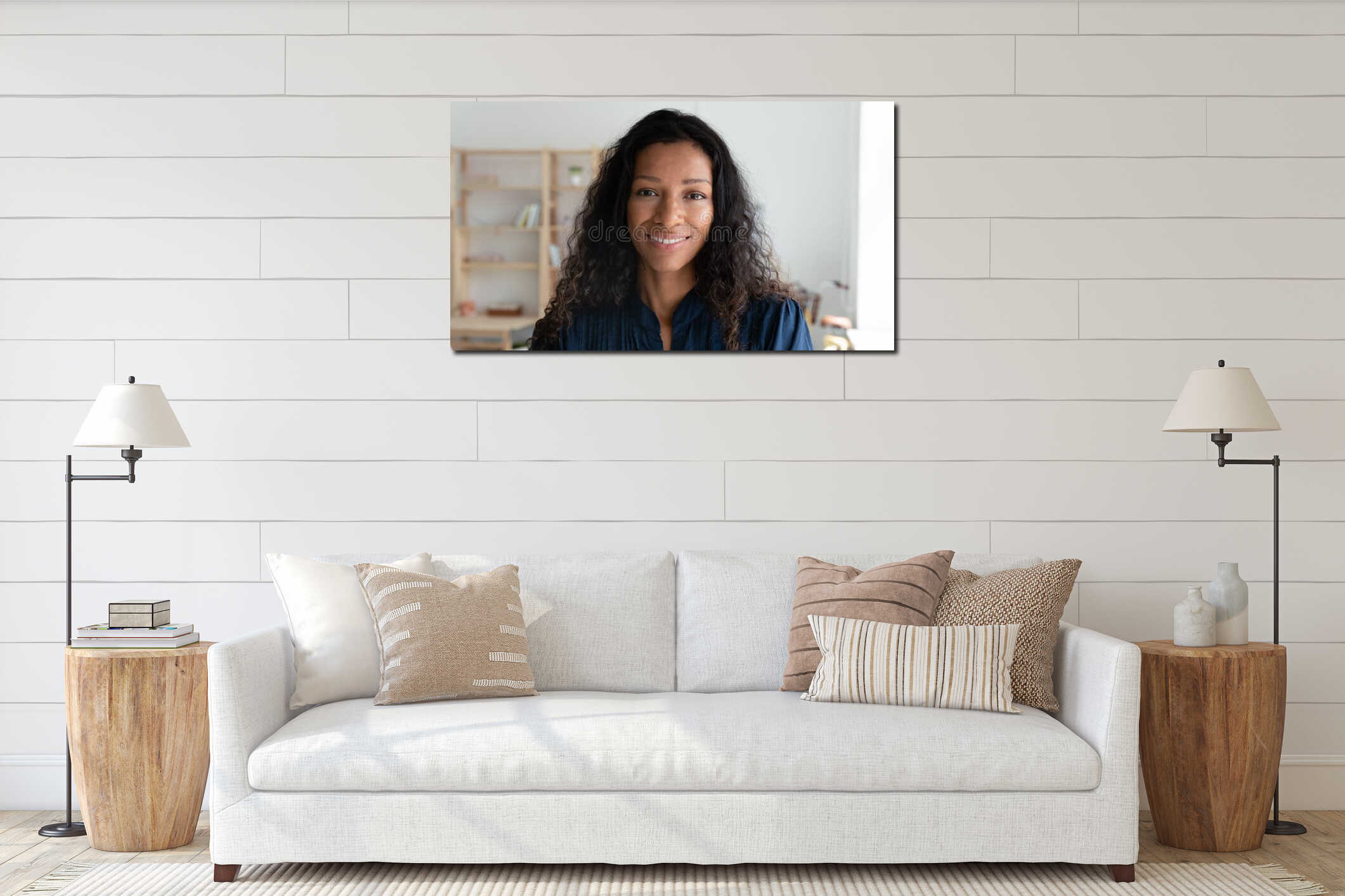 Portrait of smiling biracial businesswoman posing in office interior mockup