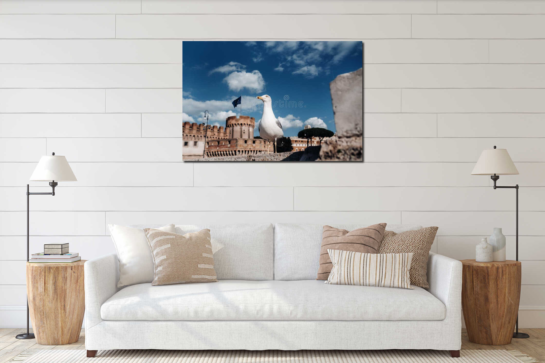 An adult common gull or Mew gull standing on a roof, Colosseum of Rome on the background interior mockup