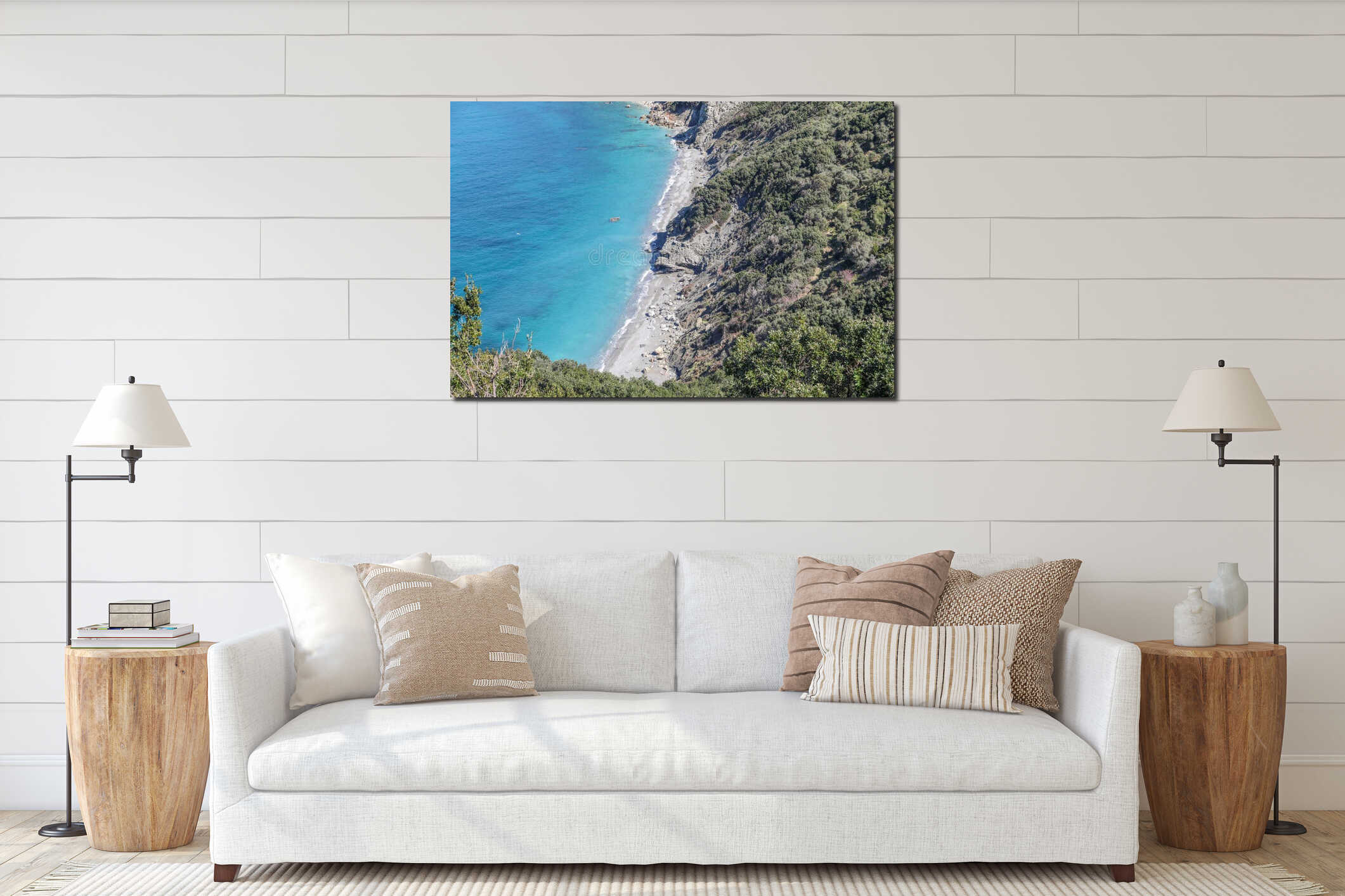 Beautiful high angle view of the green coast of the sea at the Skiathos Island in Greece interior mockup