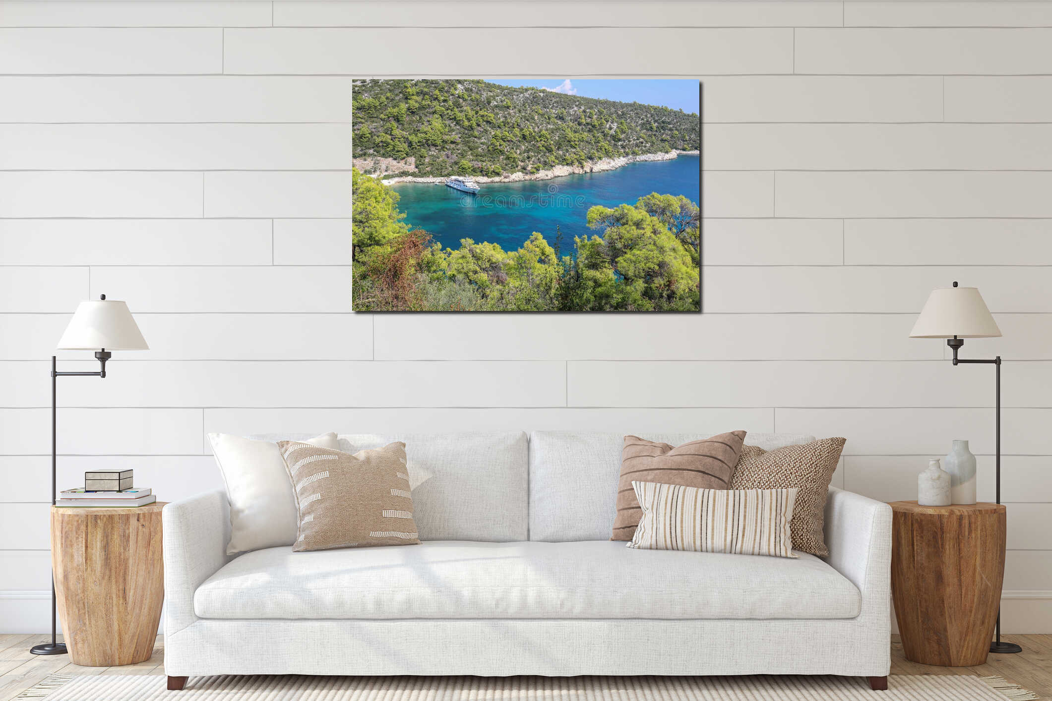 Beautiful high angle view of the green coast of the sea at the Skiathos Island in Greece interior mockup