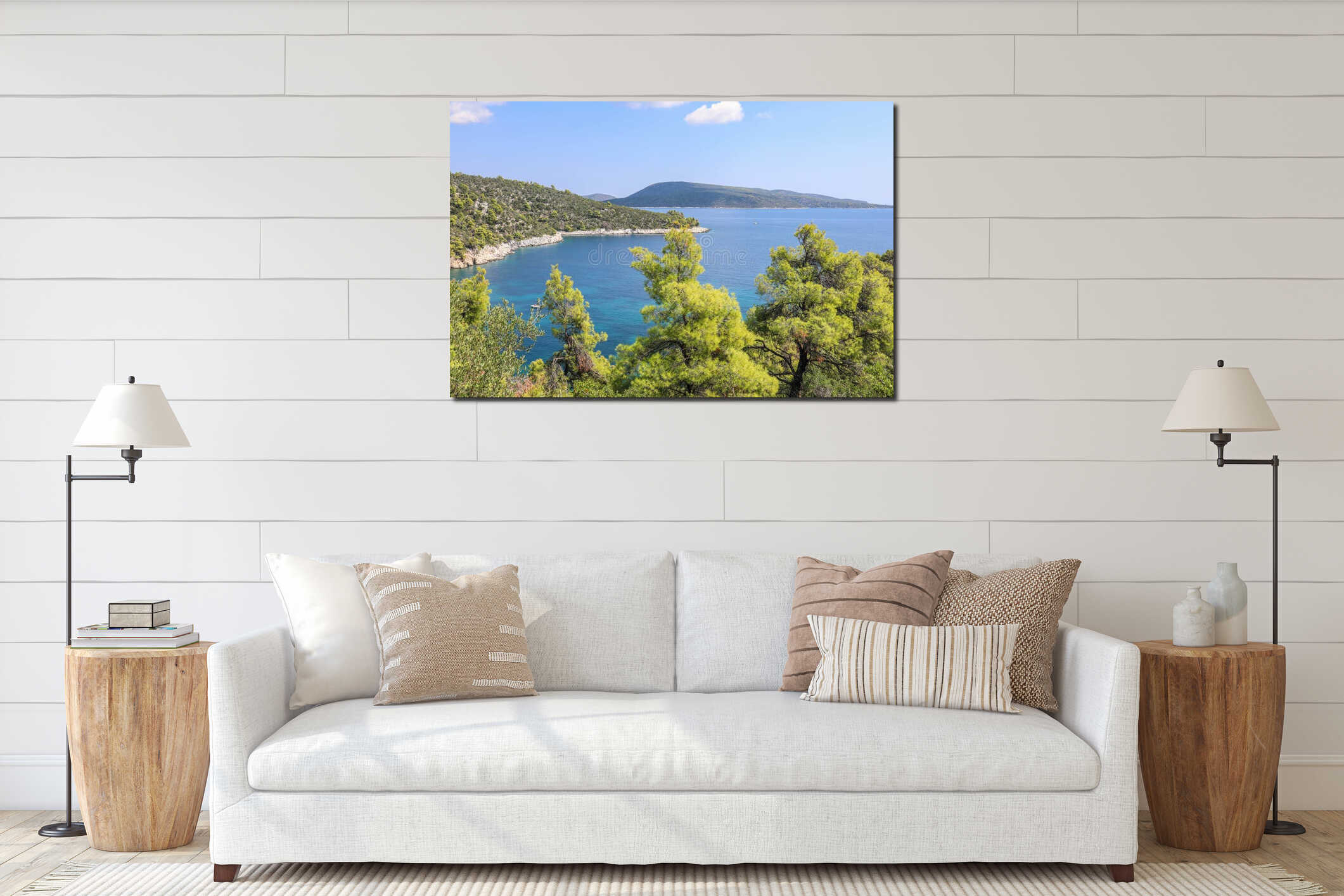 Beautiful high angle view of the green coast of the sea at the Skiathos Island in Greece interior mockup