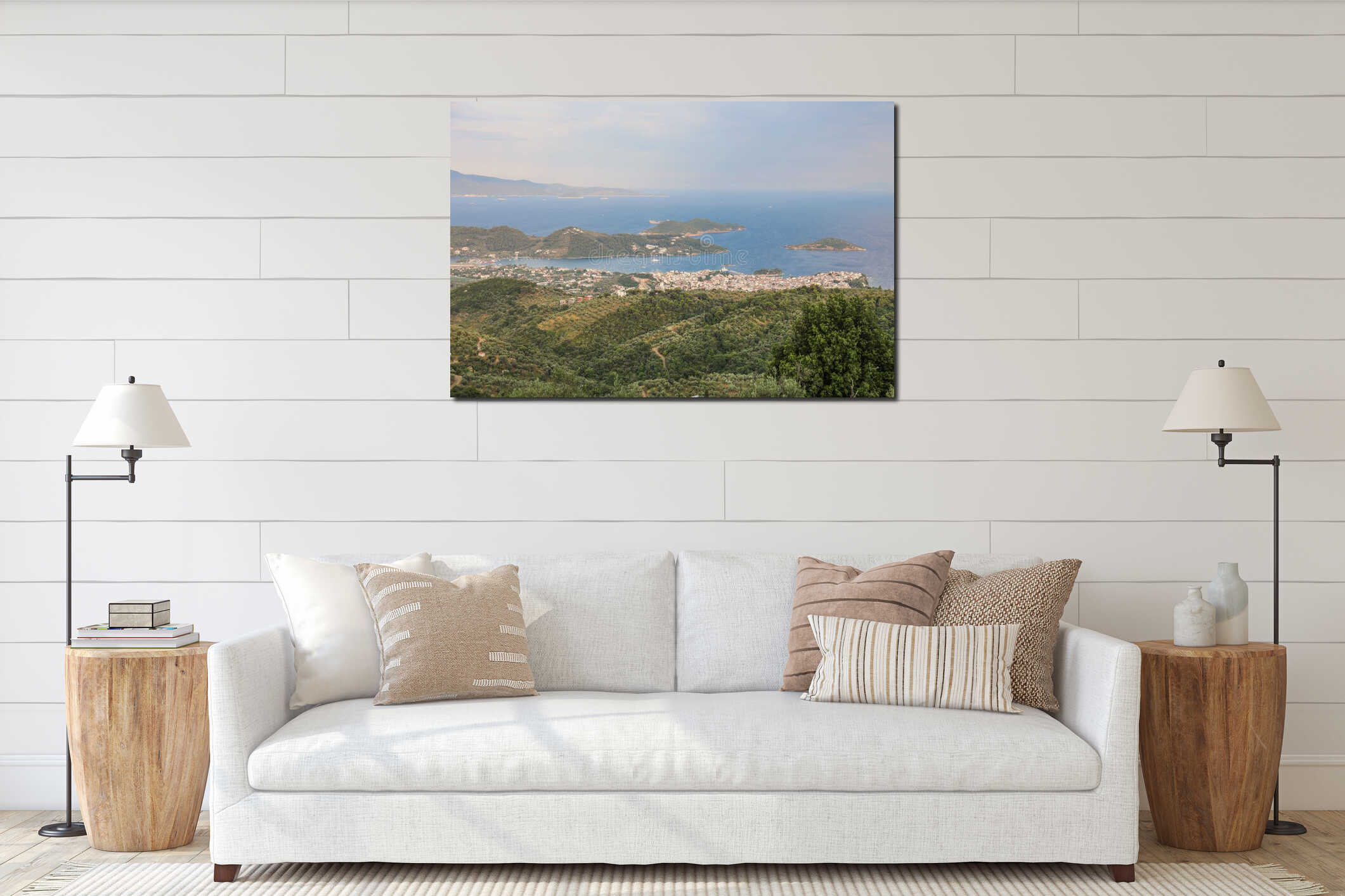 Beautiful high angle view of the green coast of the sea at the Skiathos Island in Greece interior mockup