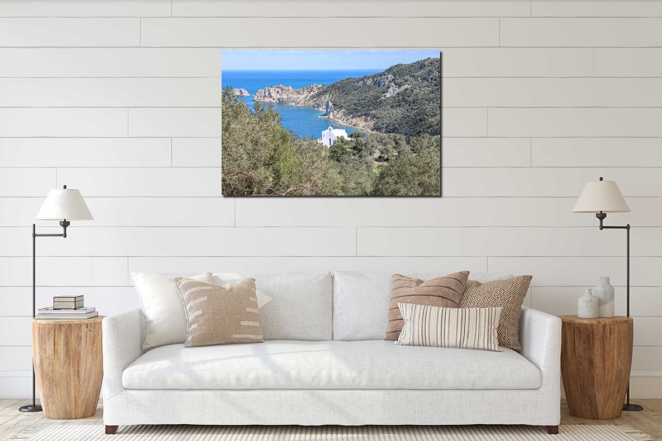 Beautiful high angle view of the green coast of the sea at the Skiathos Island in Greece interior mockup