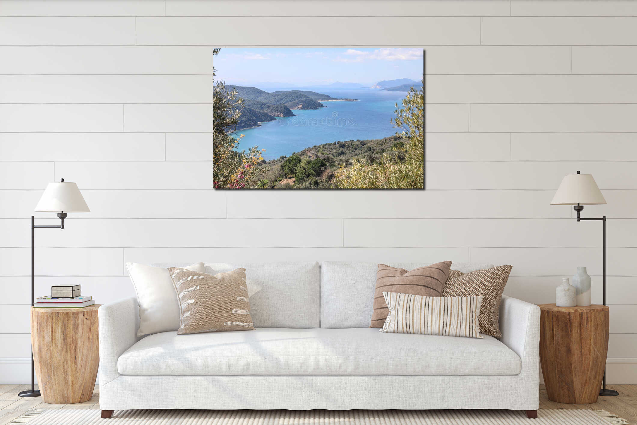 Beautiful high angle view of the green coast of the sea at the Skiathos Island in Greece interior mockup