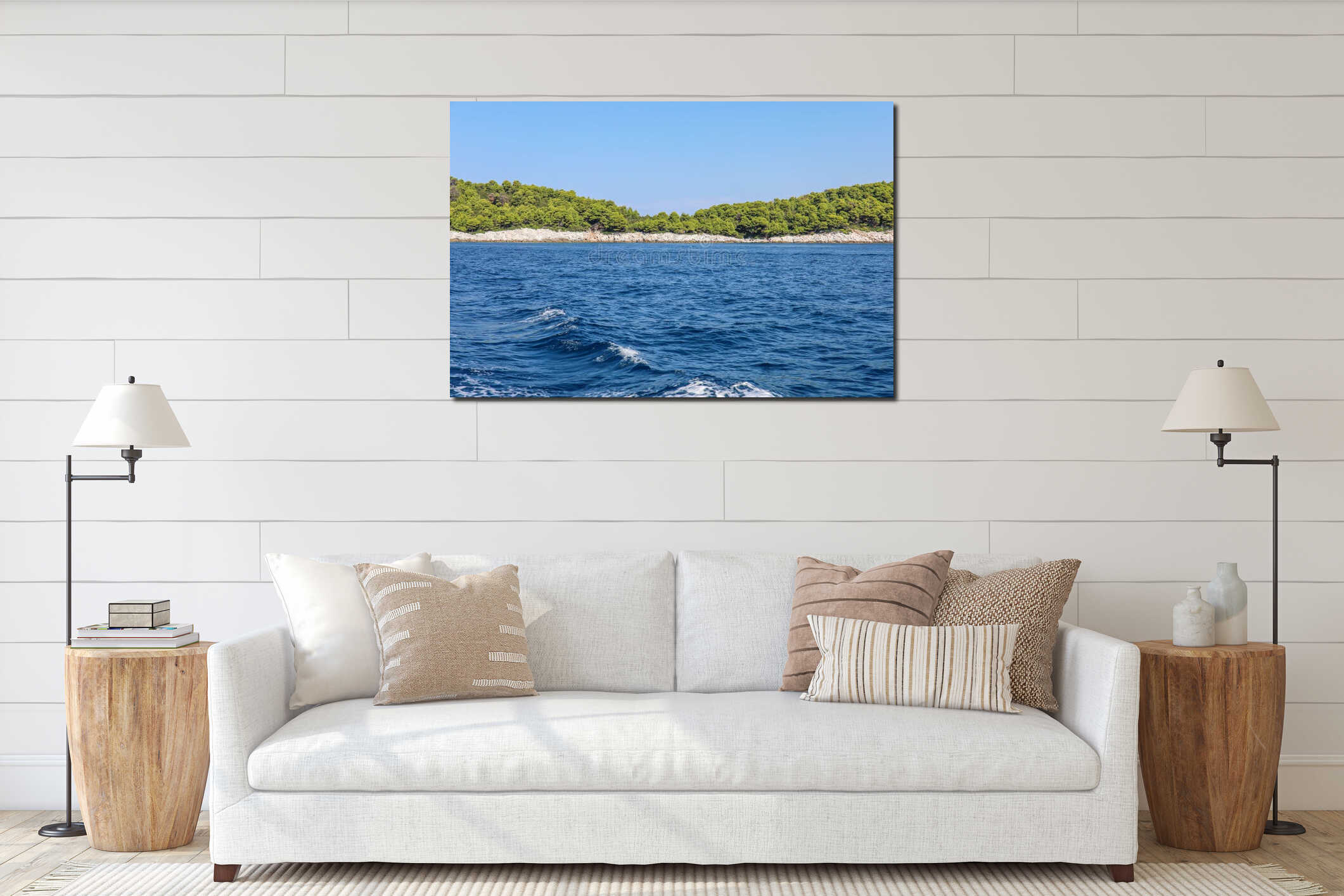 Green trees on the coast of the blue sea at the Skiathos Island in Greece interior mockup