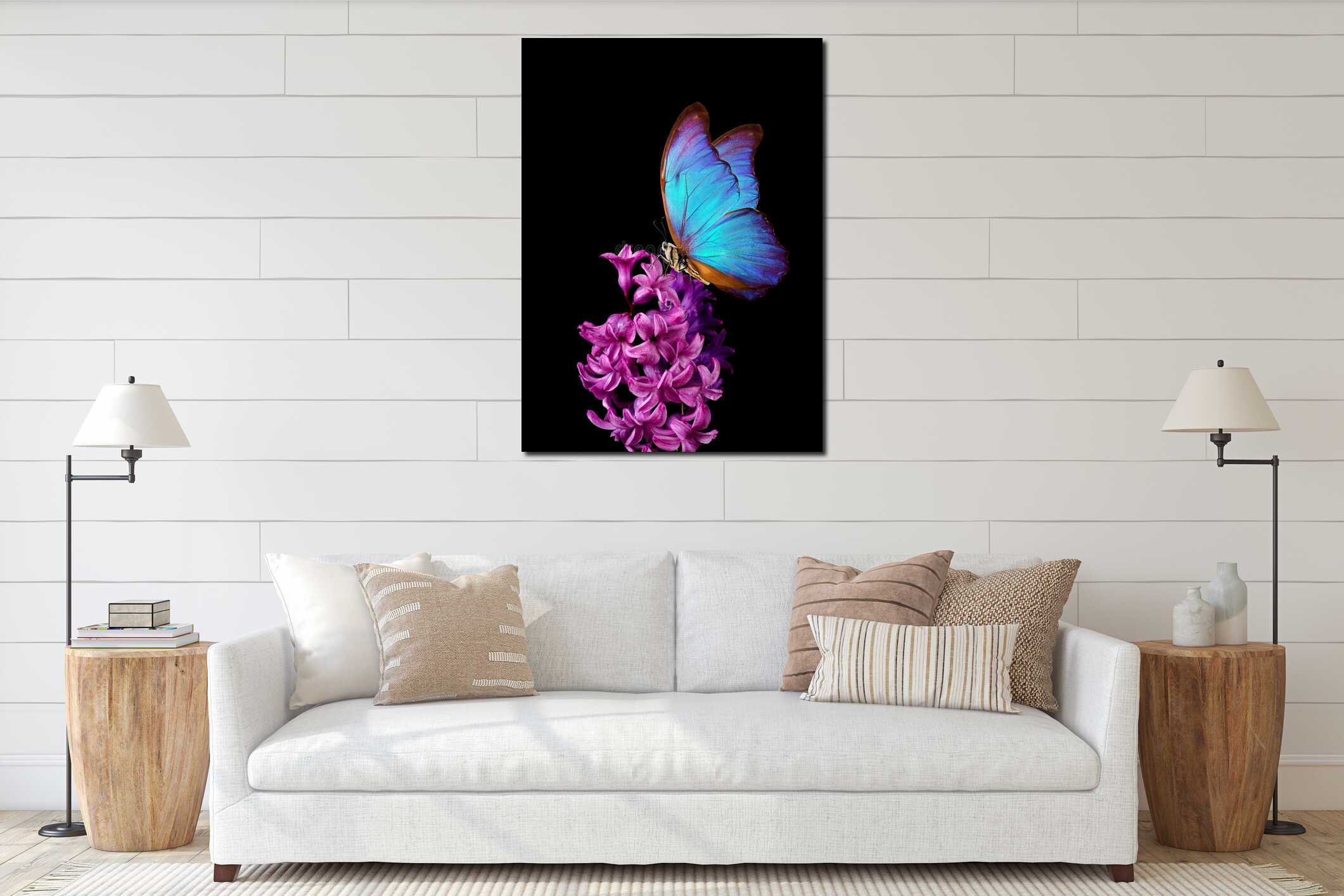Colorful blue morpho butterfly on a flower. Pink hyacinth flower isolated on black. Bright colorful spring flowers. interior mockup