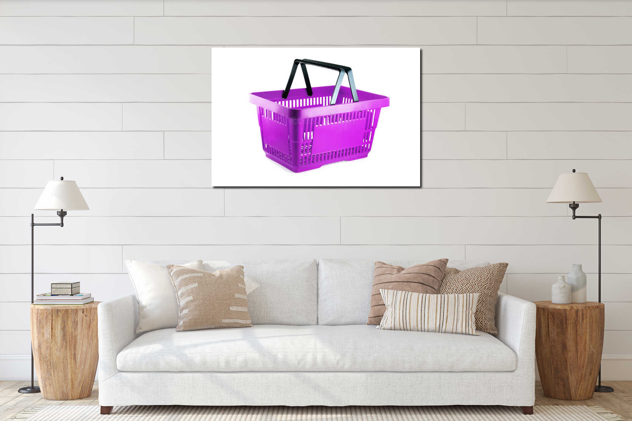 Empty purple basket for shop isolated on white. interior mockup