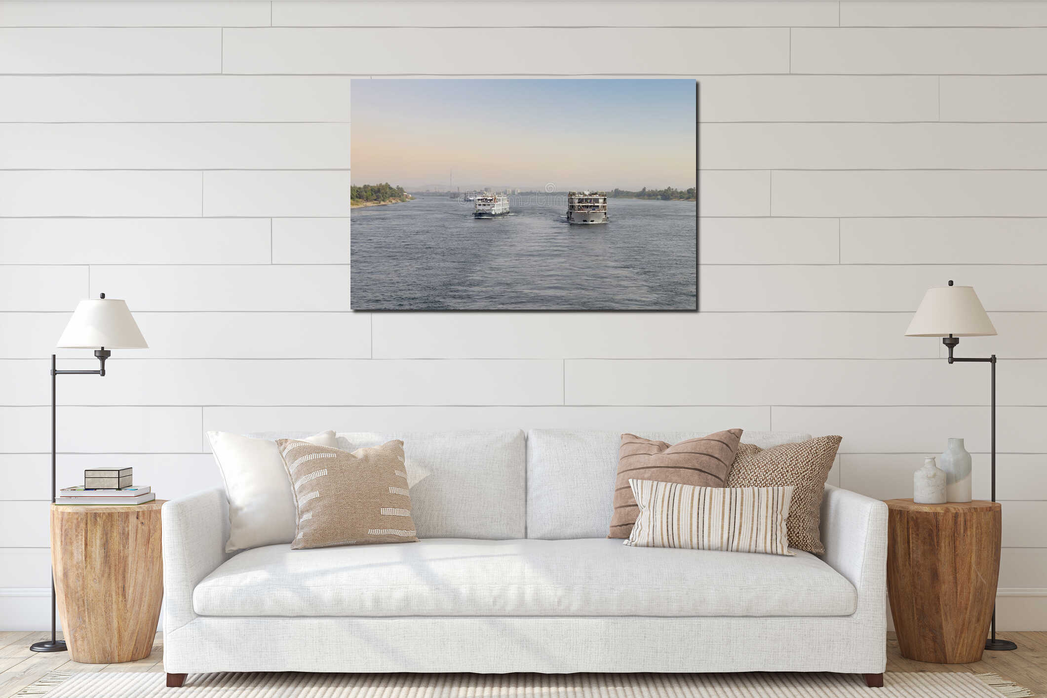 Tourist boats on the Nile river near Aswan. A fleet of floating hotels tourist boats motor down the River Nile towards Aswan in interior mockup